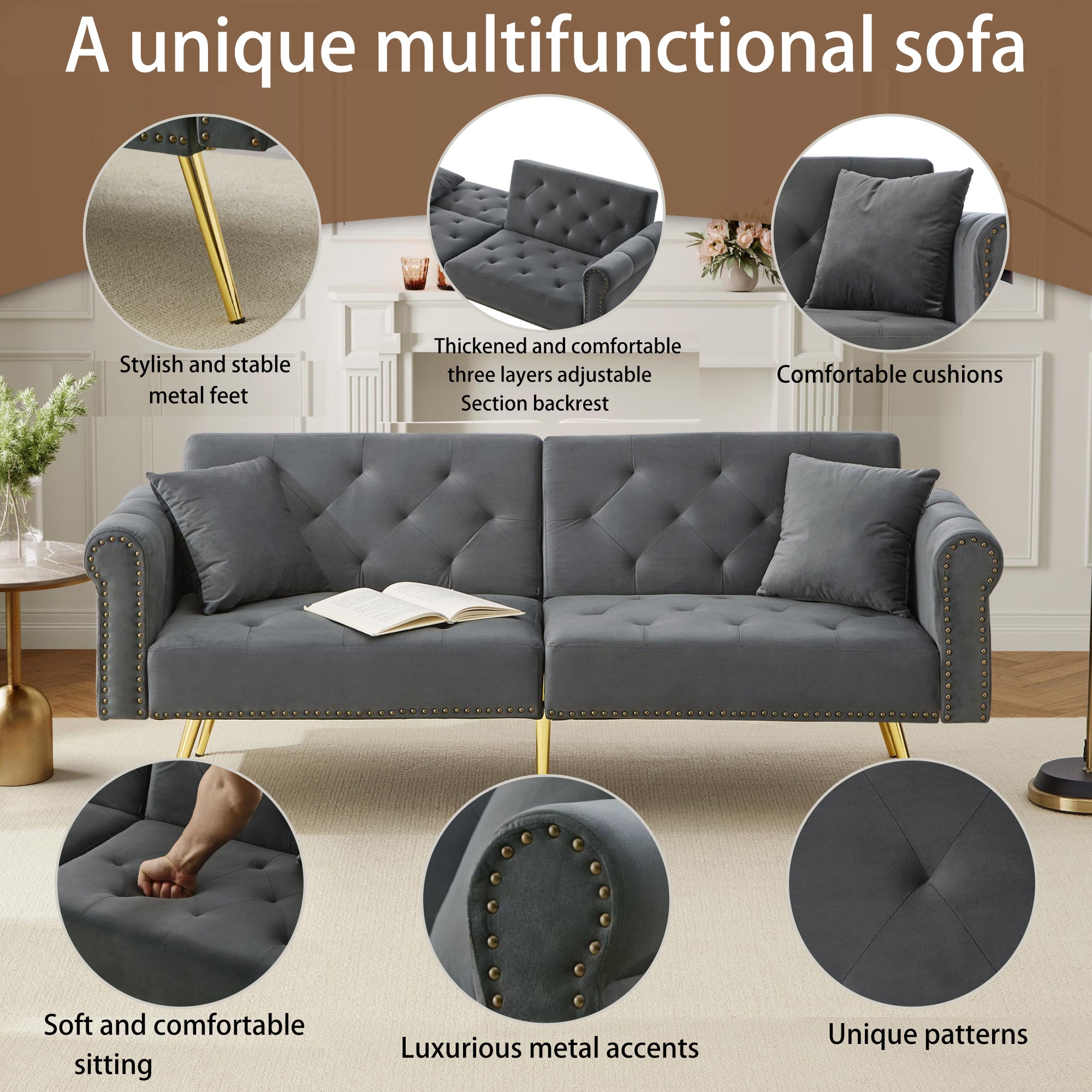 Modern 2-Seater Sofa Bed, 3-Stage Adjustable Backrest Sleeping Function, Velvet Upholstery