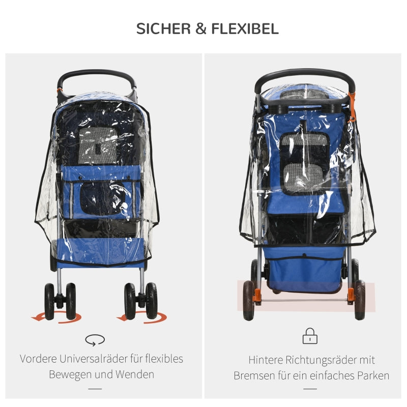 Dog Buggy, Foldable Rain Cover, Bottom Basket, 2 Cup Holders, Blue