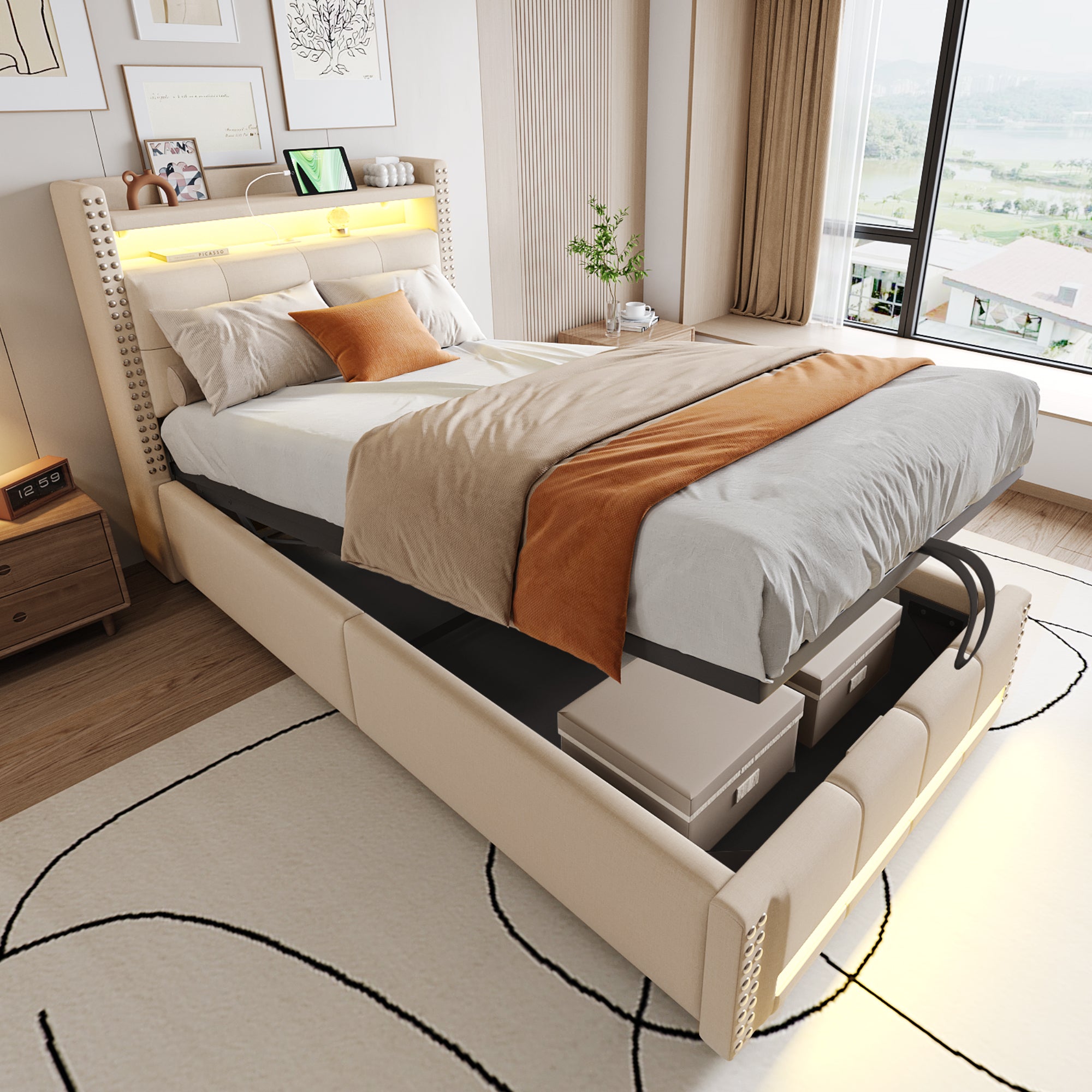 Upholstered Children's Bed with LED, USB, Storage, 90x200cm, Linen Fabric Beige