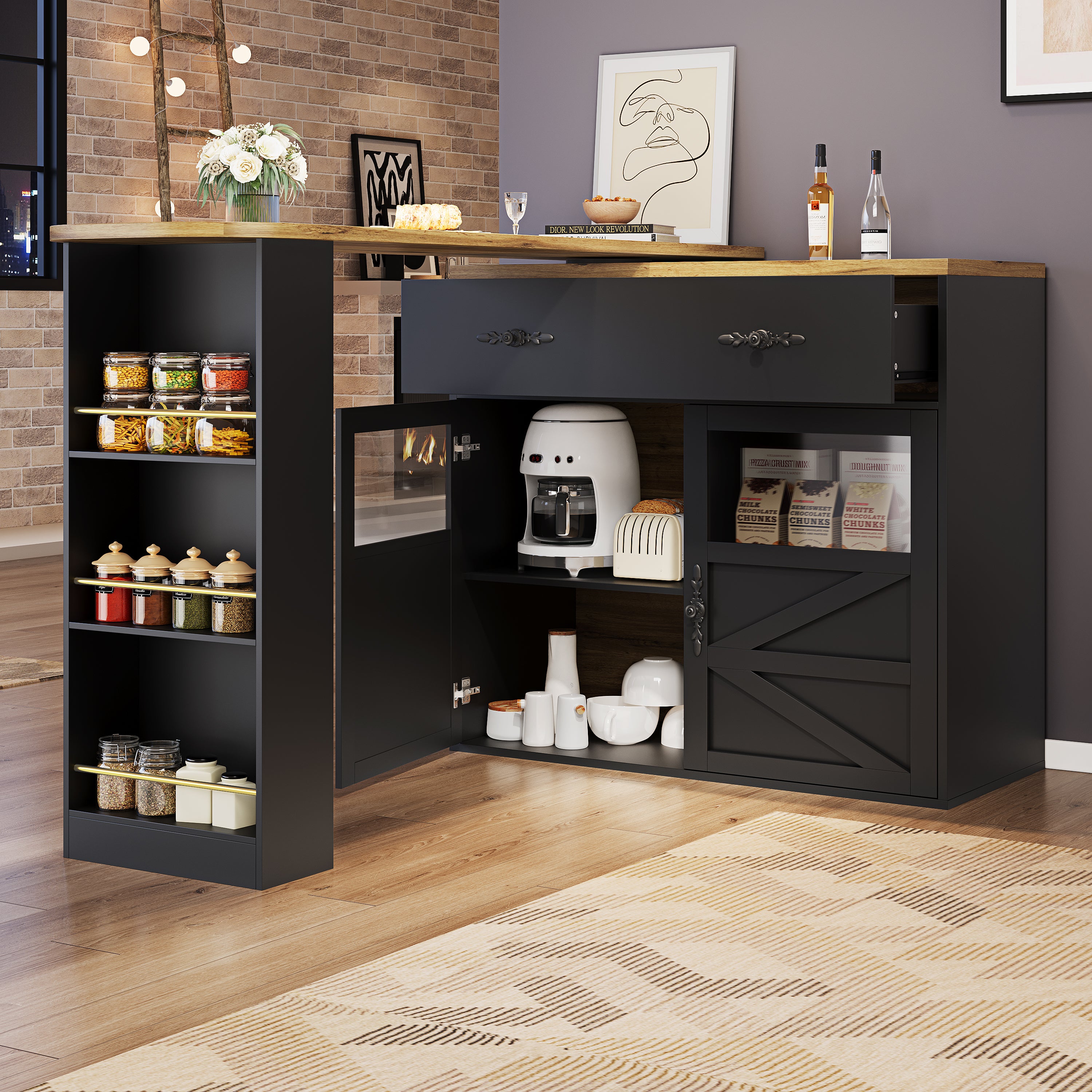 Bar Table Extendable 360° Rotating Storage Sideboard - Black