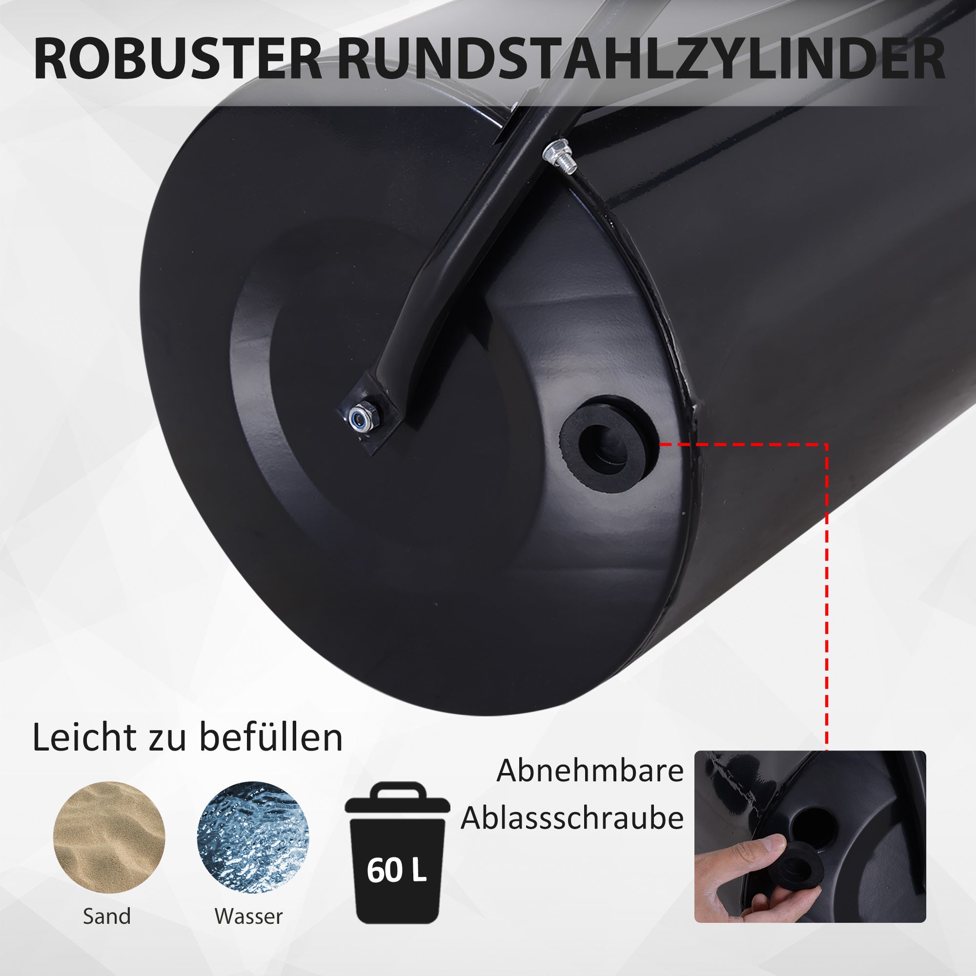 lawn roller with u-handle, 40 cm diameter, 60 L water/sand filling, metal black