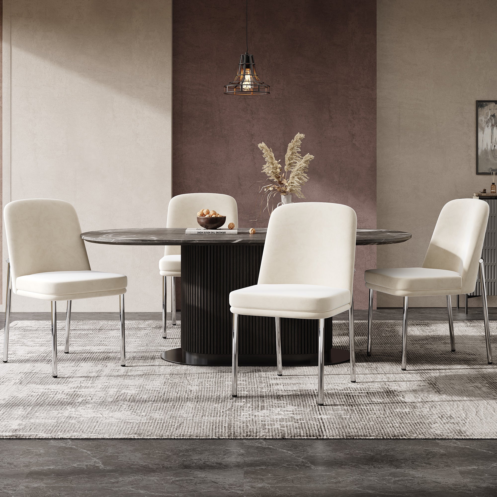 Dining Chairs Set of 6 Thickened Cushion Metal Legs Modern Style - Velvet Beige