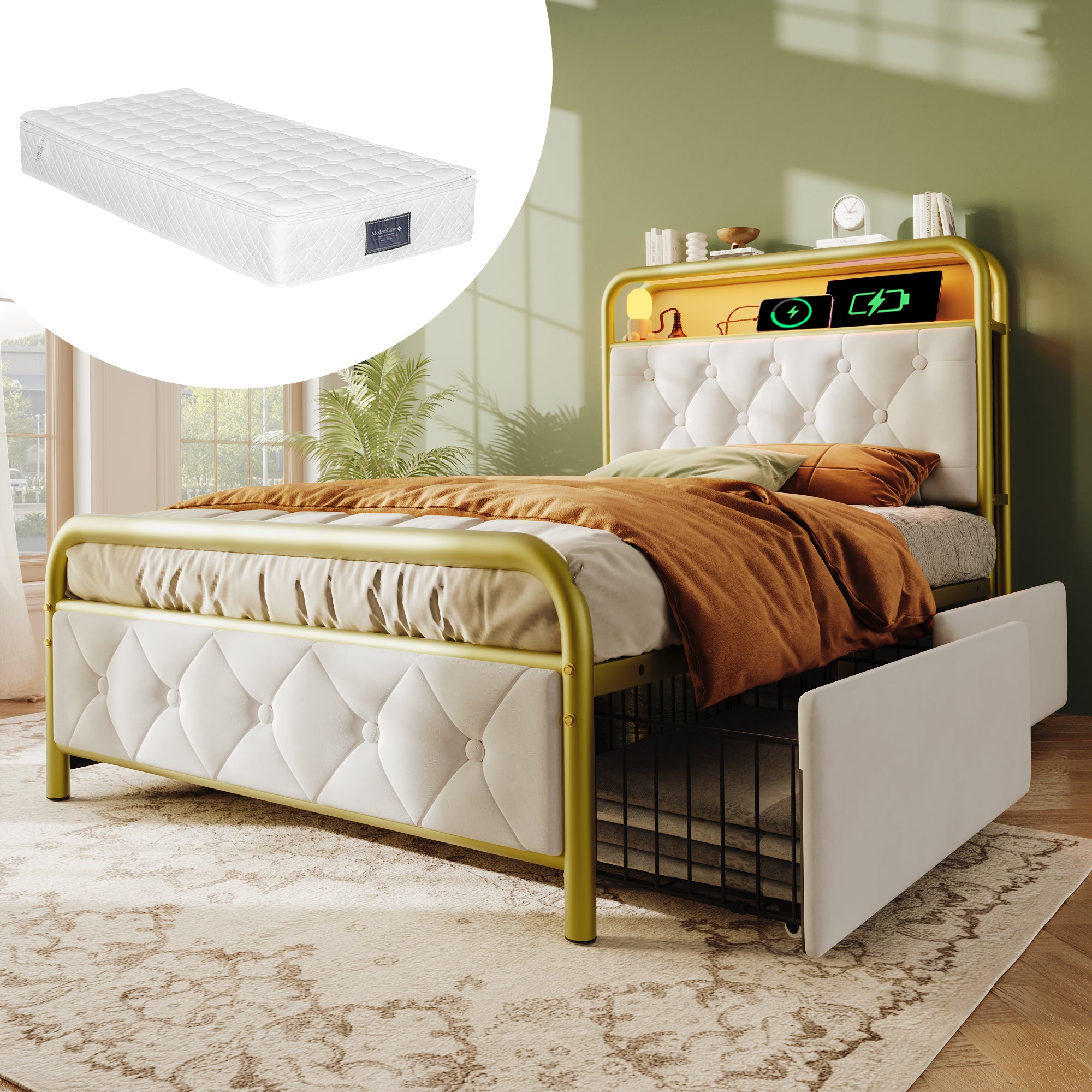 Upholstered Single Bed with USB Type C & LED, 90x200, 2 Drawers, Velvet