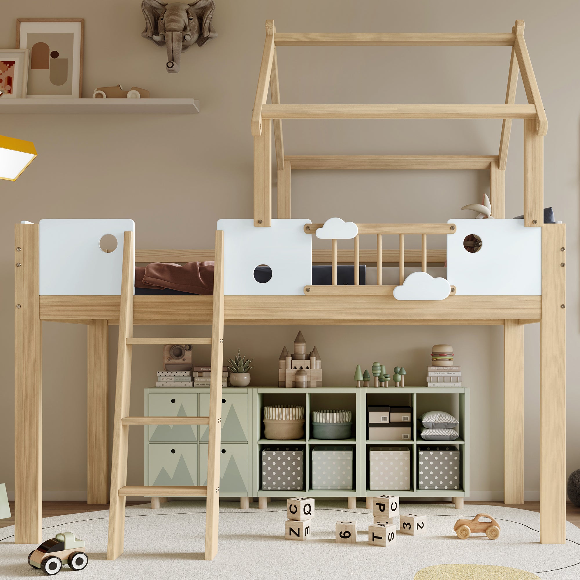 Loft Bed, Children's with Fall Protection & Rails, Roof Design, 3-Step Ladder, Pine+MDF+Plywood, White+Natural