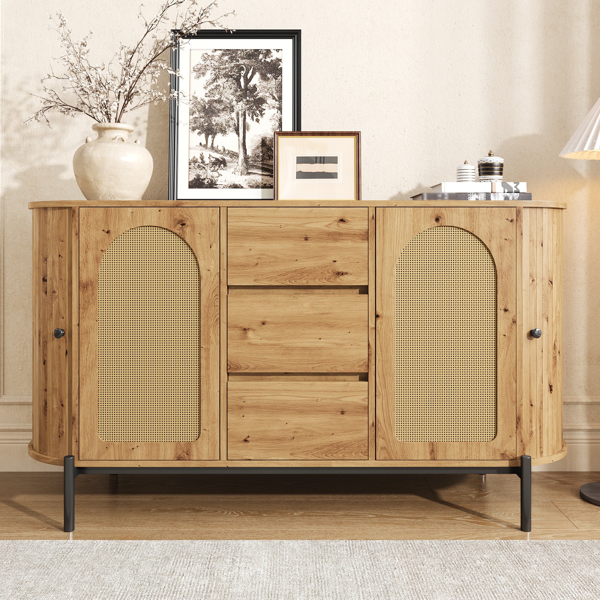 Oval Sideboard with Rattan Sliding Doors and Drawers, Adjustable Compartments and Metal Legs, Wood Look