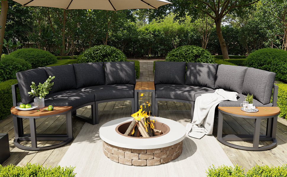 Garden Furniture Set for 4-6 People with Round Sofa and Two Rocking Chairs, Grey