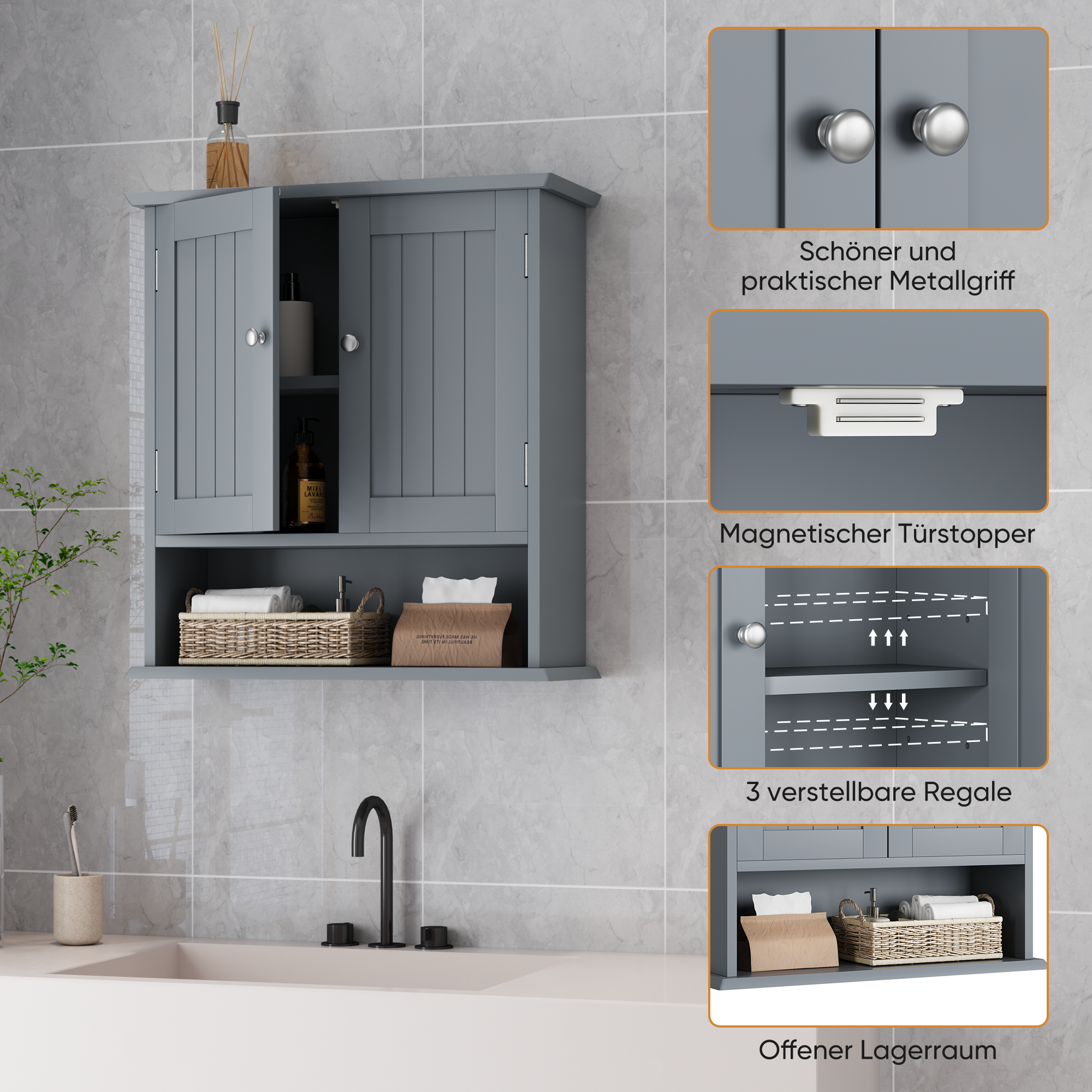 Bathroom Wall Cabinet with 2 Doors and Open Shelves