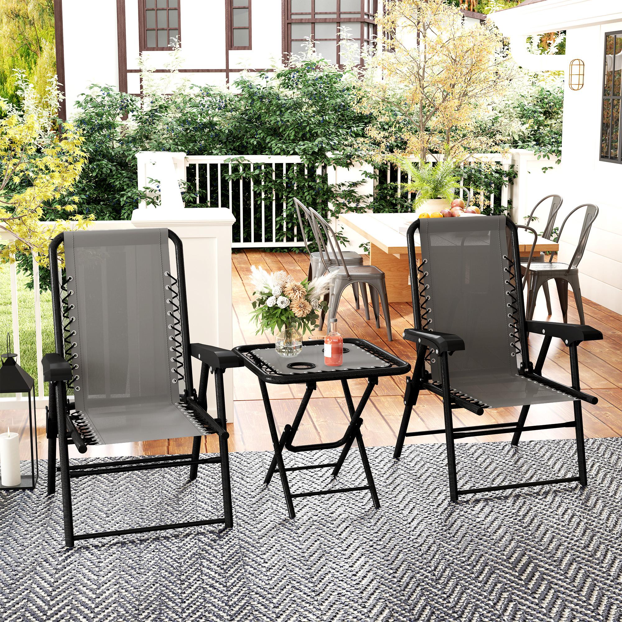 Three-Piece Garden Table and Chair Set, Folding Bistro Mesh-Top, Dark Grey