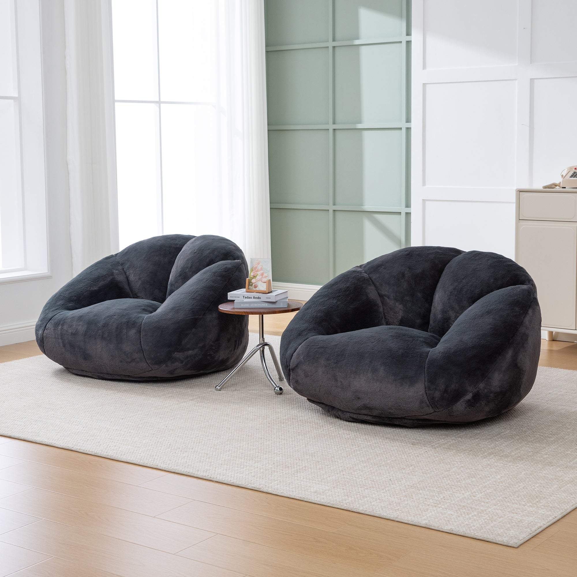 Soft Plush Beanbag Sofa with Non-Slip Base and Memory Foam, Faux Rabbit Fur