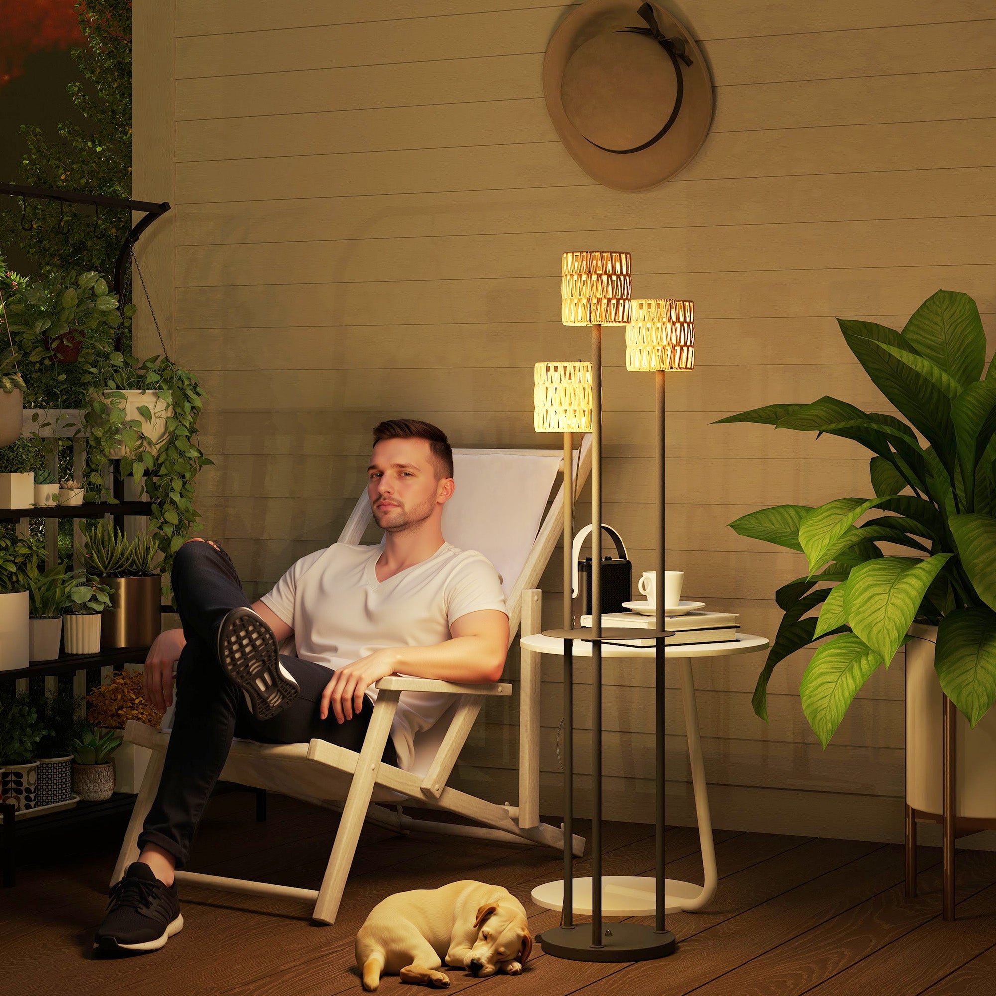 Solar Floor Lamp with Light Sensor, Shelf, IP44 Outdoor, Rattan