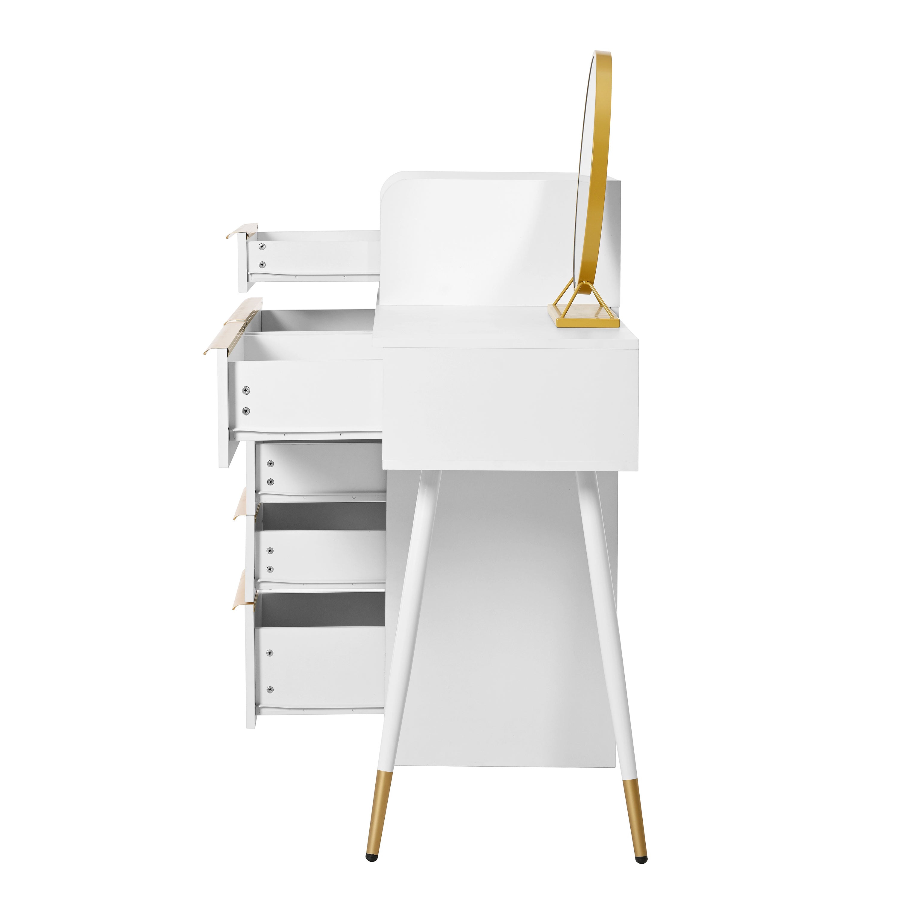 Dressing table with extendable tabletop, 6 drawers, gold handles, LED mirror, dimmable light, white
