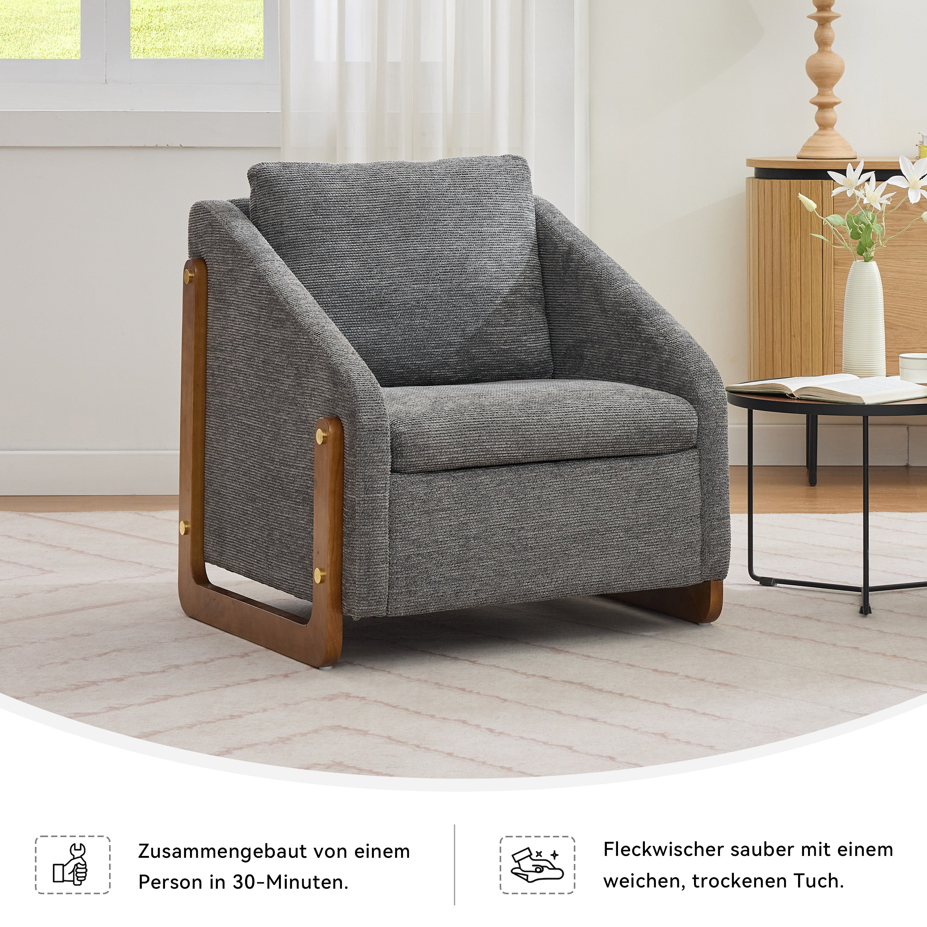 057 Armchair, Accent Lounge Chair with Wooden Armrests & Back Cushion, Grey Chenille Fabric