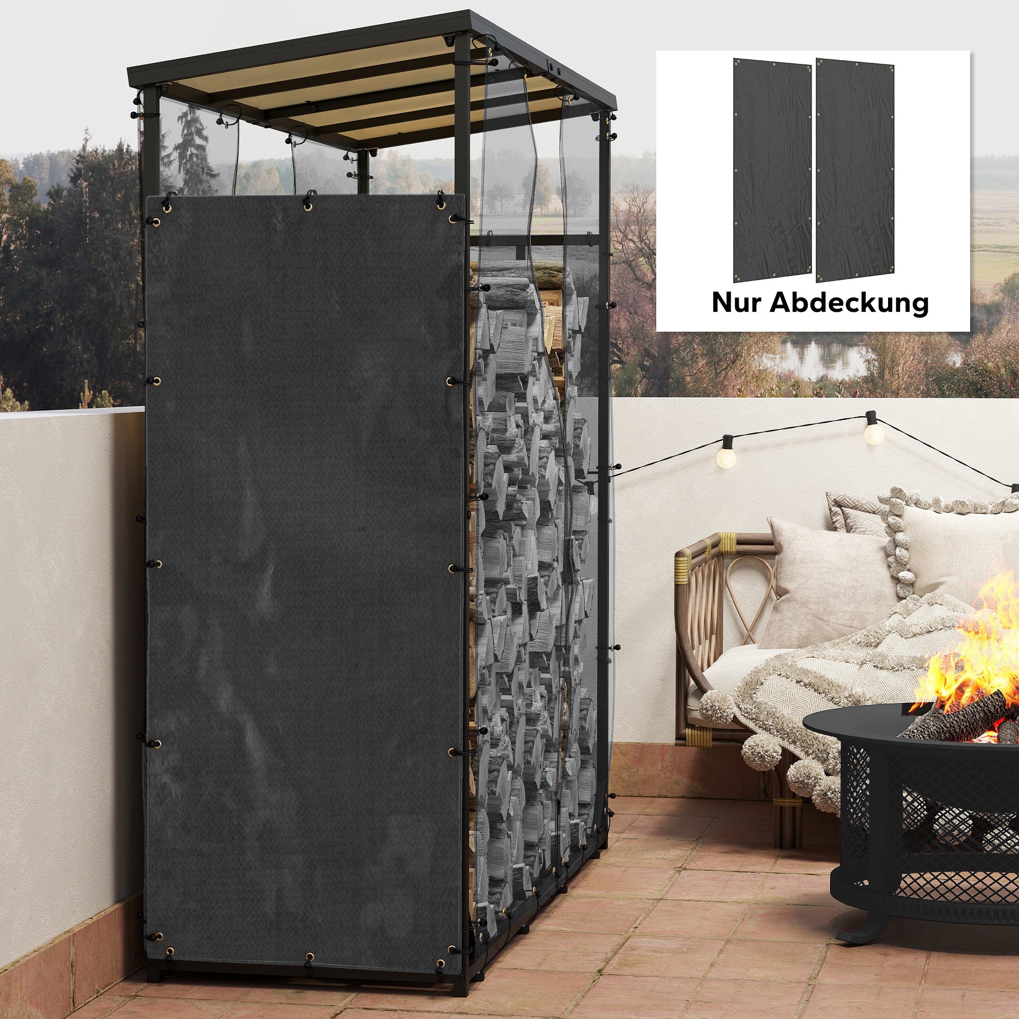 Firewood Rack Covers, Set of 2, Waterproof 600D Oxford, Black