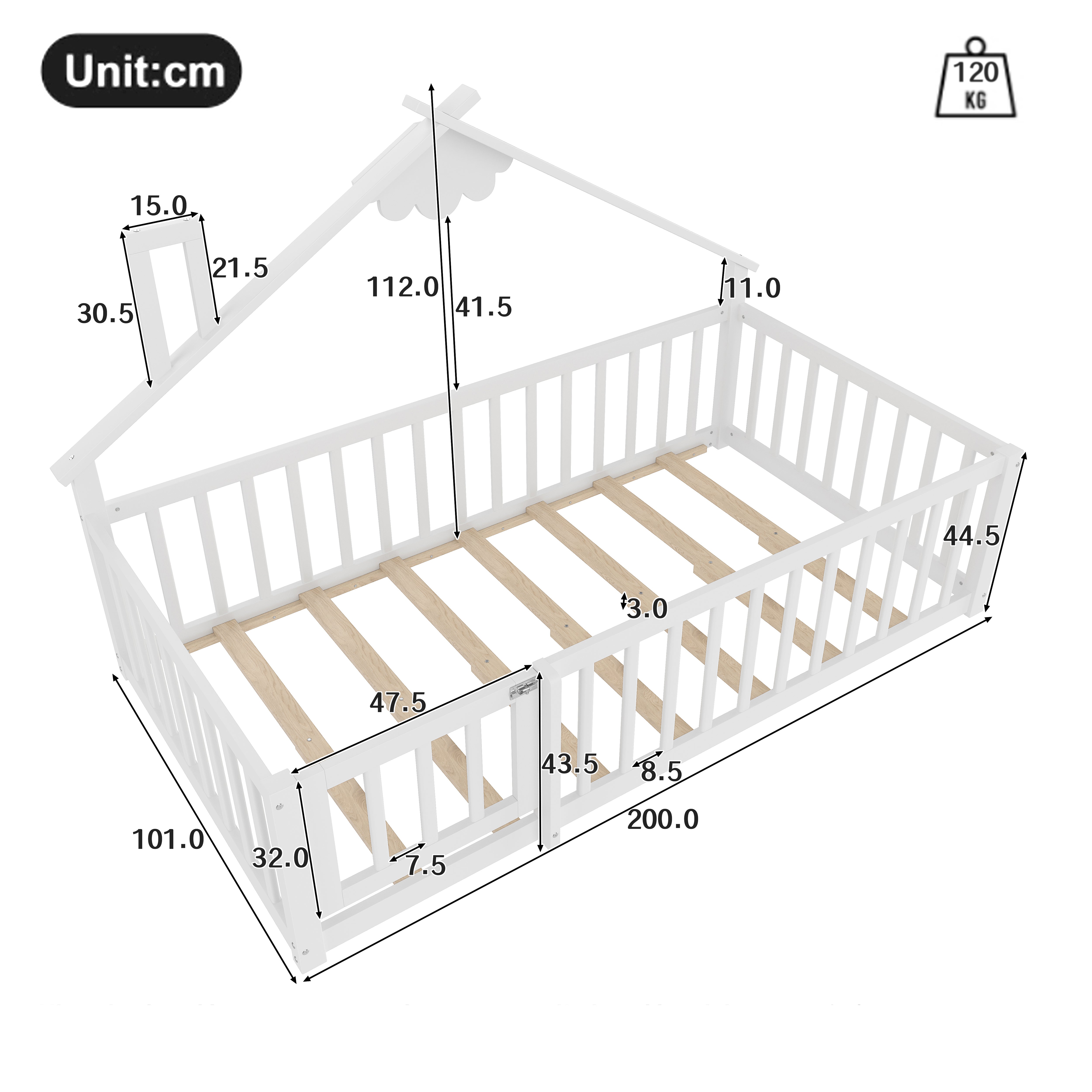 Flatbed 90x190cm House Rail Lock - Pine Wood White