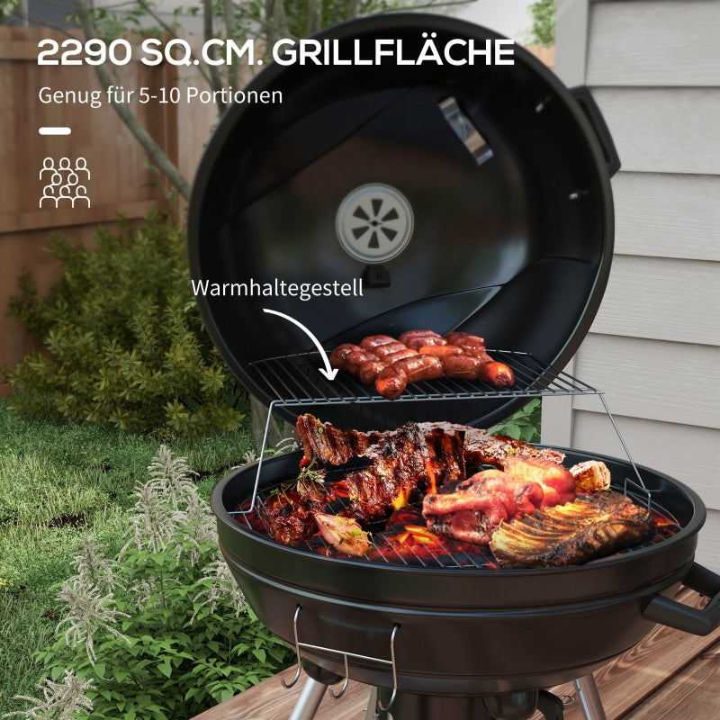 Charcoal Grill BBQ Camping with Grate, Wheels, Storage, Thermometer, Metal