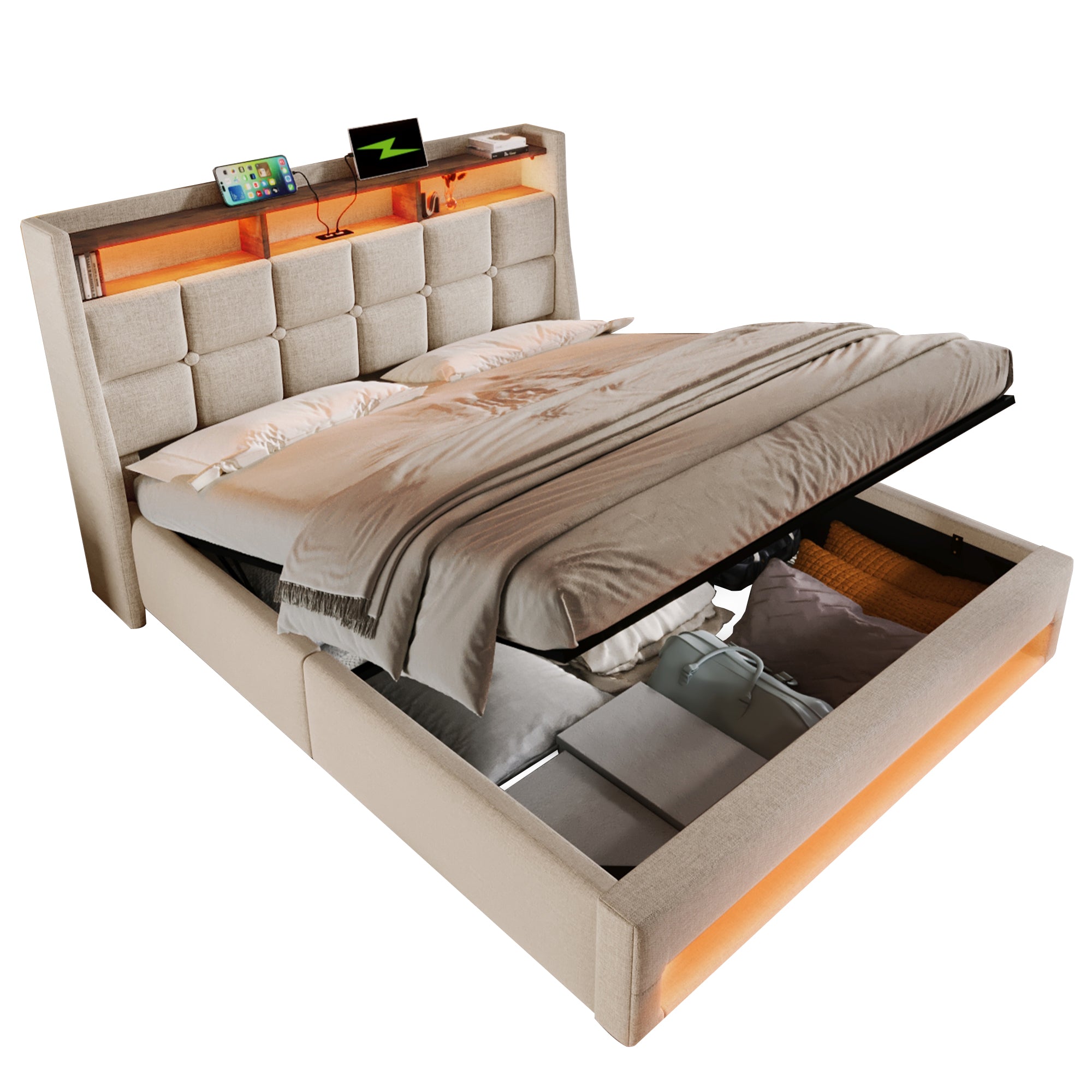 Upholstered Double Bed 4FT6 with LED Lighting, USB Type-C Charging, Storage Headboard, Beige Linen