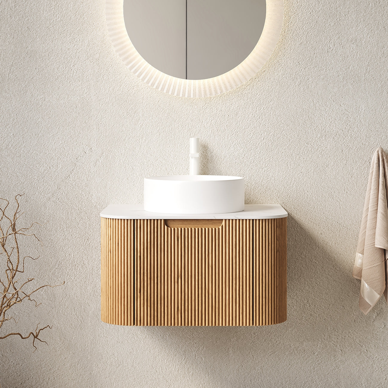 DINA Vanity Unit 61cm Wall-Hung Ceramic Sink Plywood Natural Wood Grain