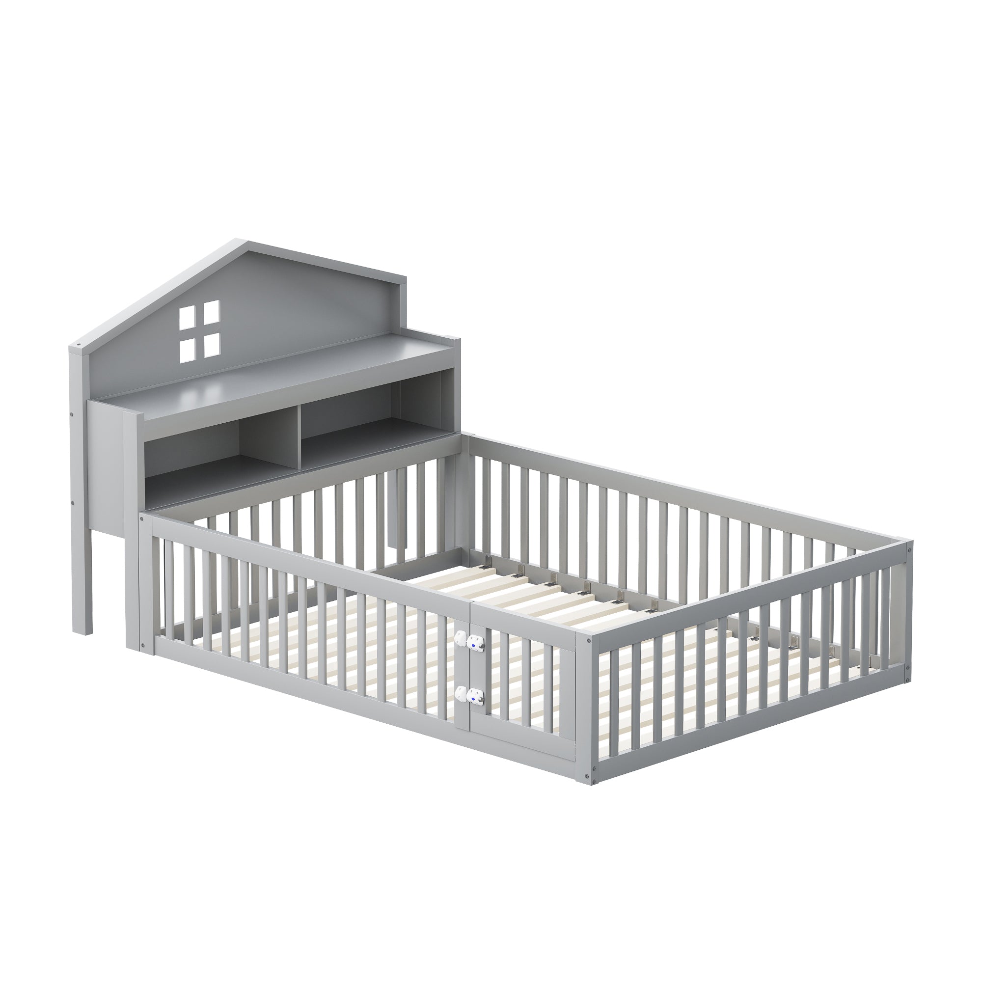 Children's Bed 140x200, House Frame with Shelves, Safety Gate & Slatted Frame, Grey Solid Wood