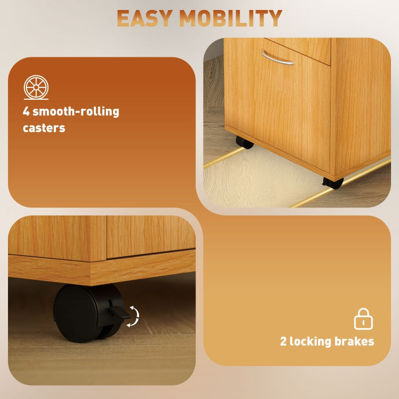 60cm Filing Cabinet with Drawer, Open Shelf, Mobile Printer Organiser, Natural Wood Finish