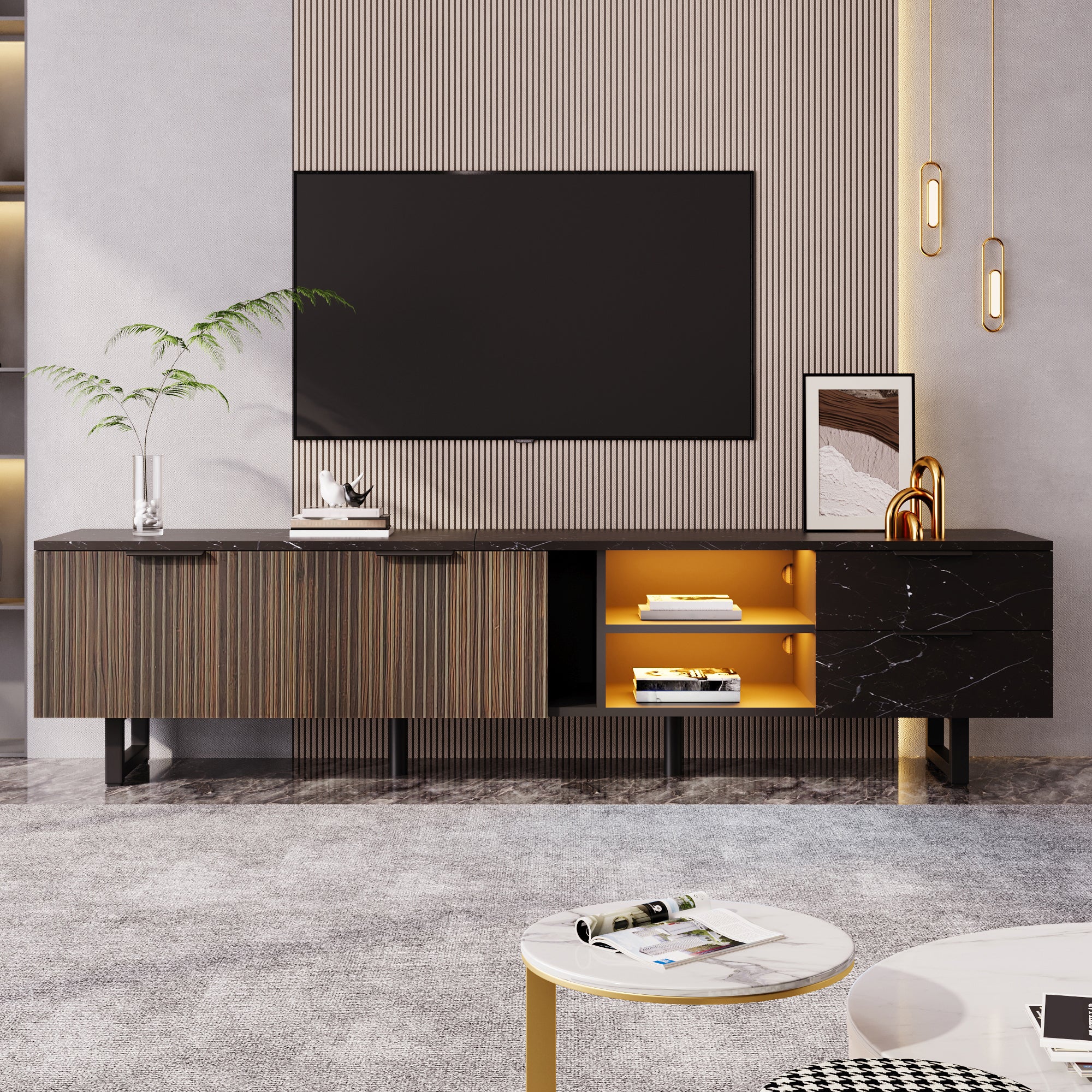 200cm TV Cabinet, Adjustable LED Lighting, Two Doors/Drawers, Black Marble Look/Dark Wood Grain