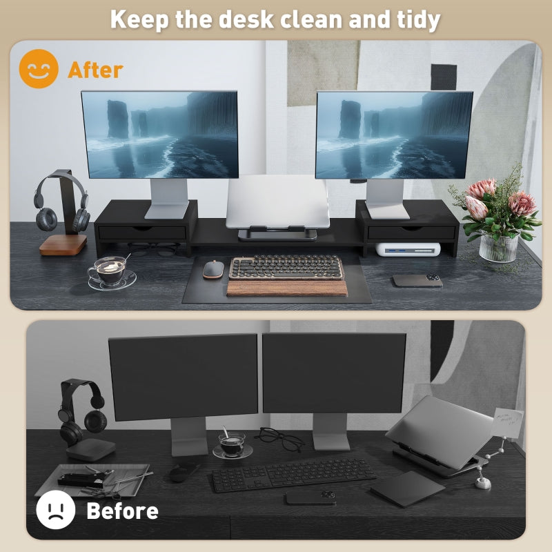 Dual Monitor Stand Riser with 2 Drawers Adjustable Length and Angle, Black