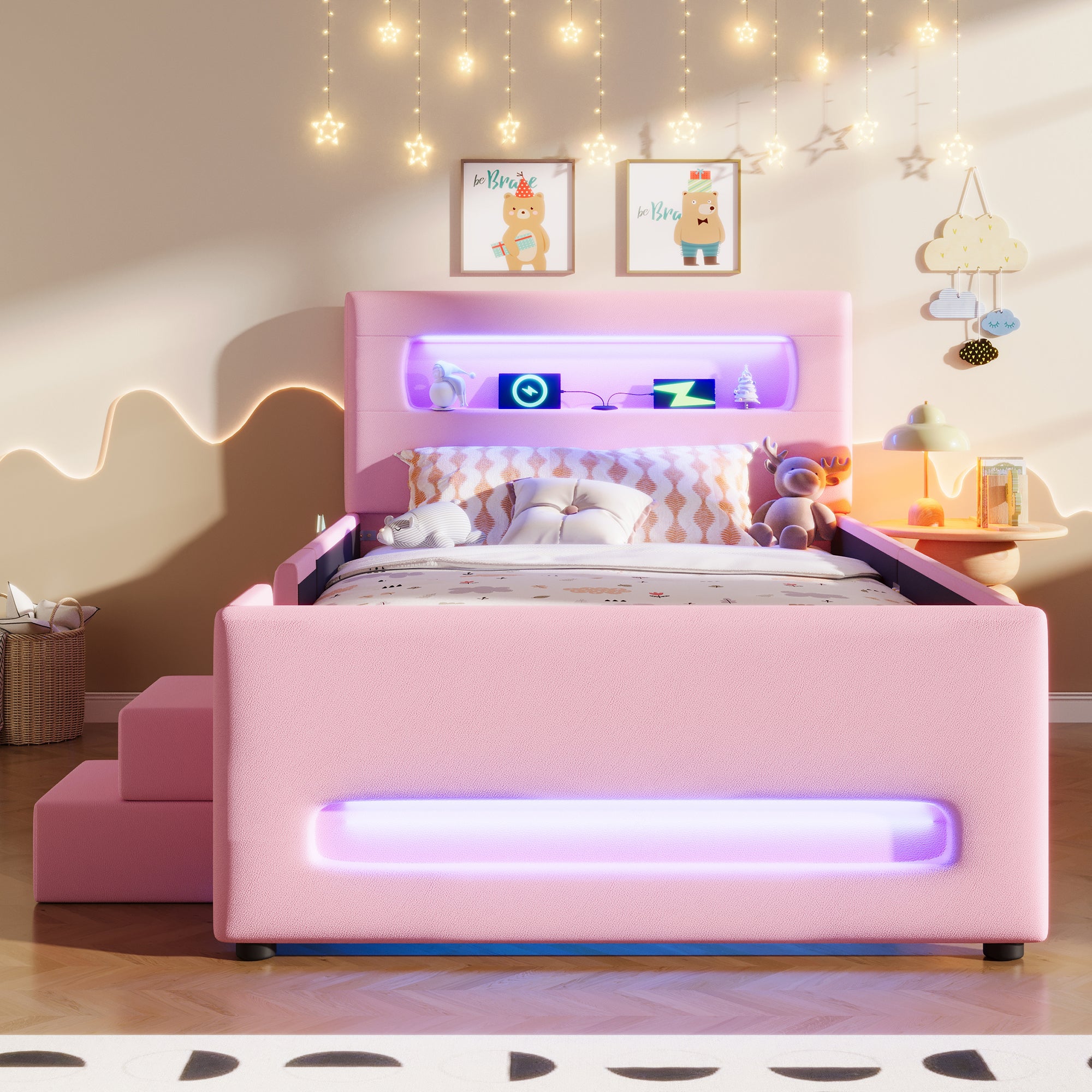Upholstered Platform Bed 90x200cm Stairs Drawers LED USB Storage Pockets - Pink