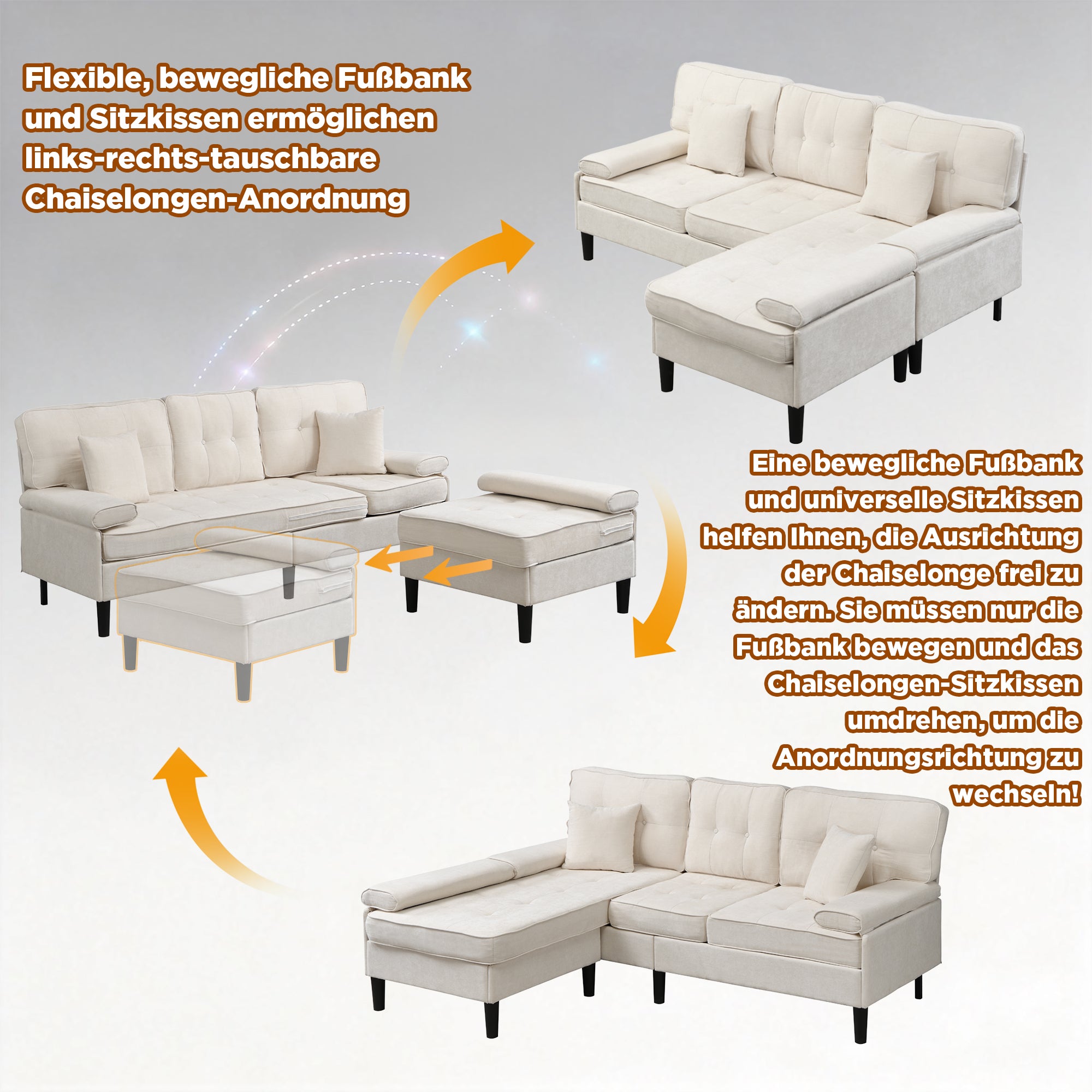 L-Shaped Corner Sofa 3-Seater Sleeper Sofa Bed w/ Chaise & Movable Footrest 195cm - Chenille