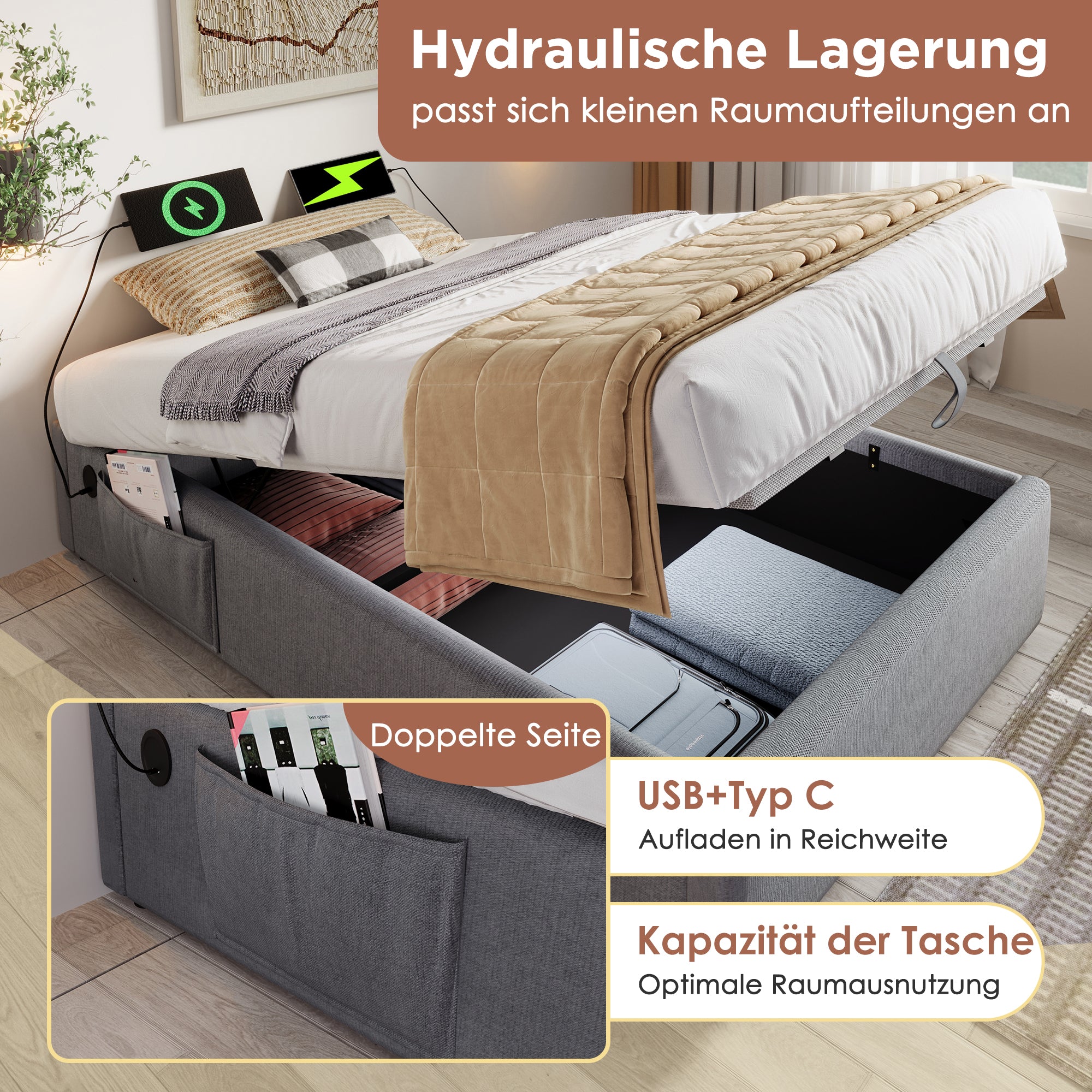 Children's Upholstered Bed, 90x200 cm, with Bookcase, Hydraulic Storage, USB-C, Single, Grey Linen