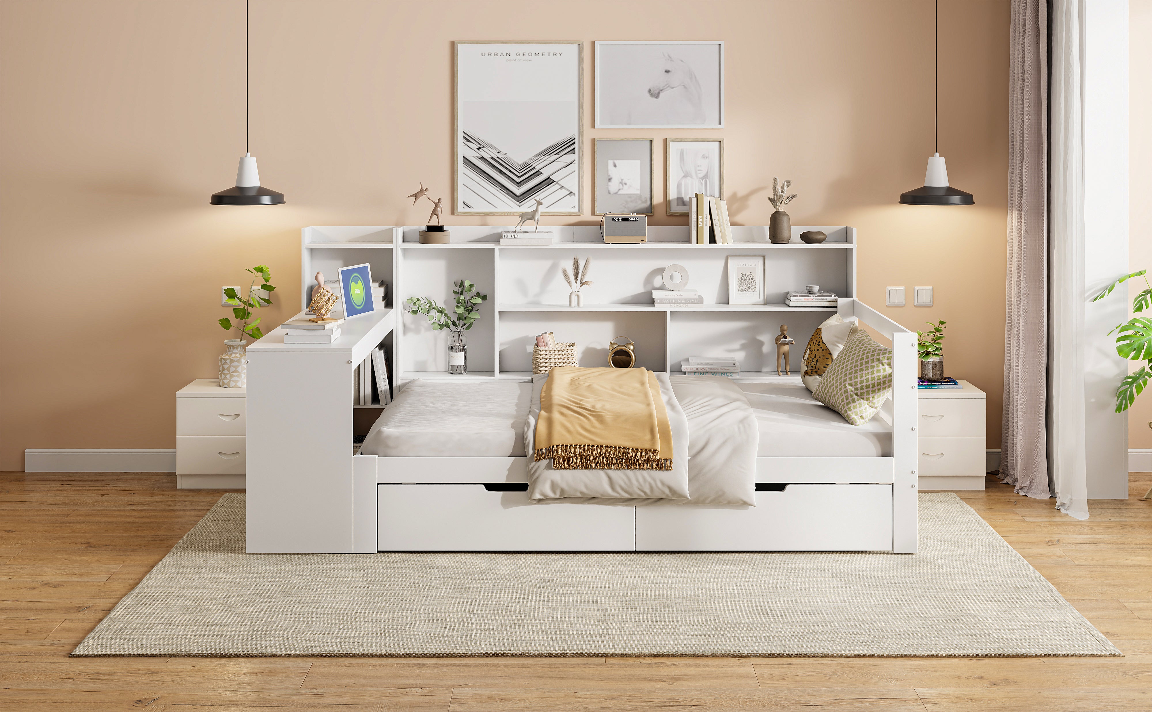 Solid Wood Sofa Bed with Desk, Bookshelf, Storage, Power Outlet - White