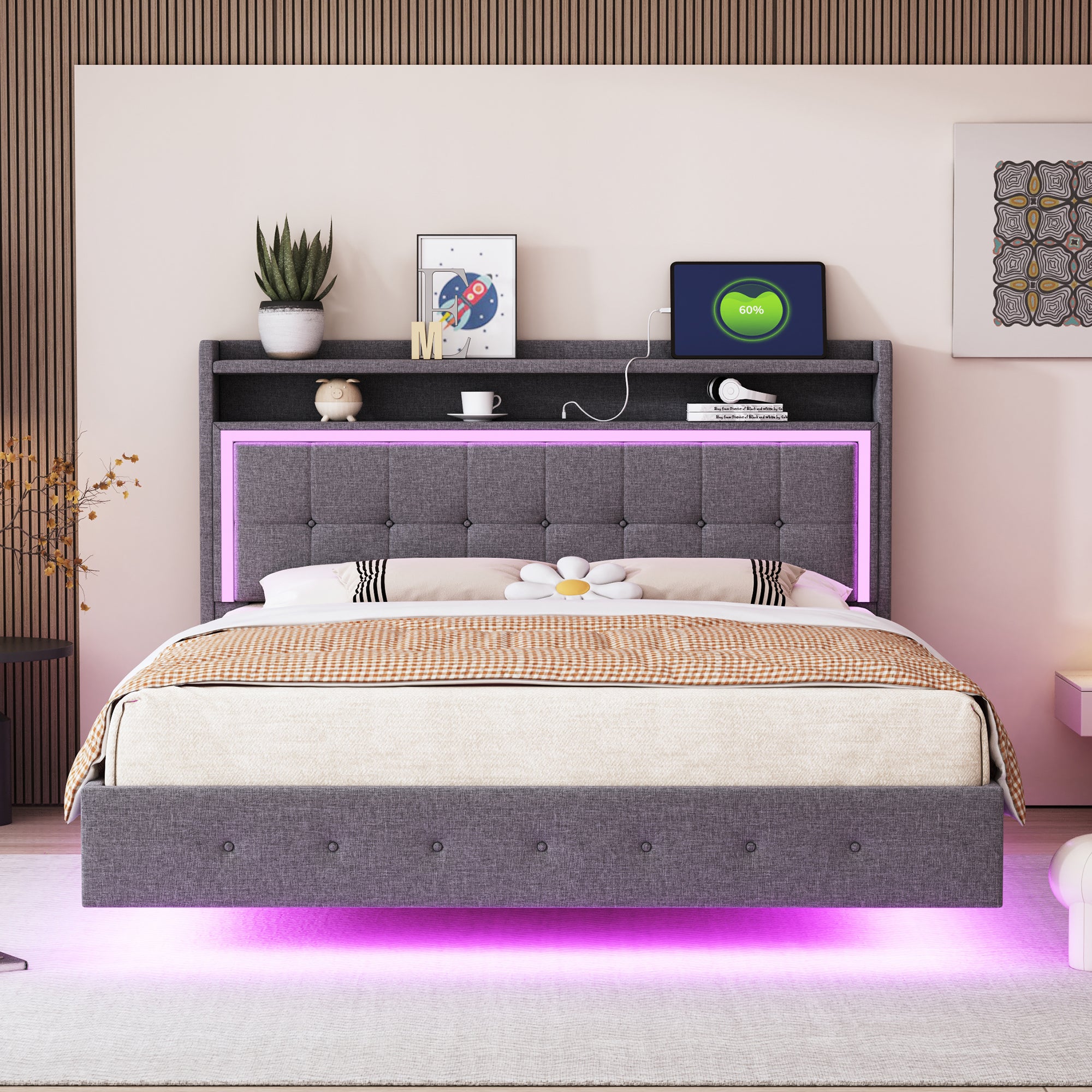 Upholstered Bed 140x200, USB & LED Light, Linen Fabric Gray