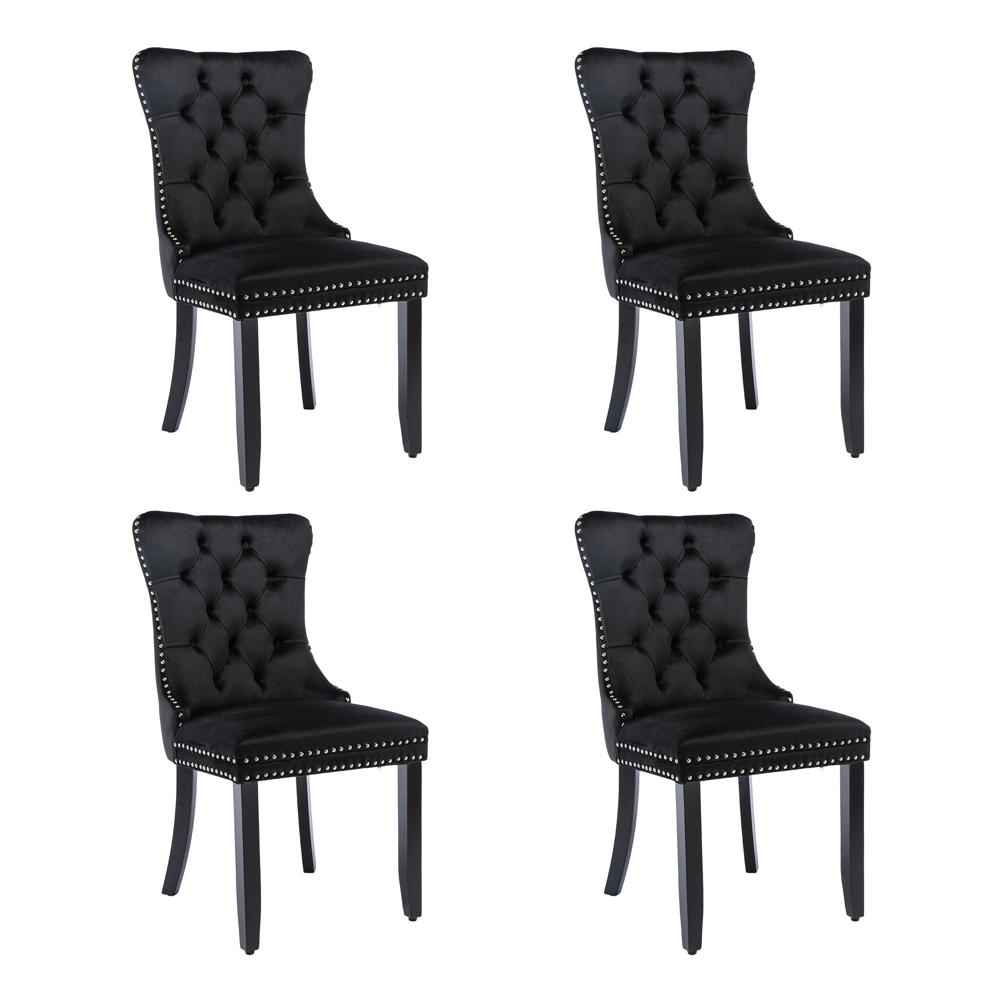 Upholstered Velvet Dining Chairs, Button Tufted with Solid Wood Legs, Riveted Trim & Knocker Ring, Set of 4, Black