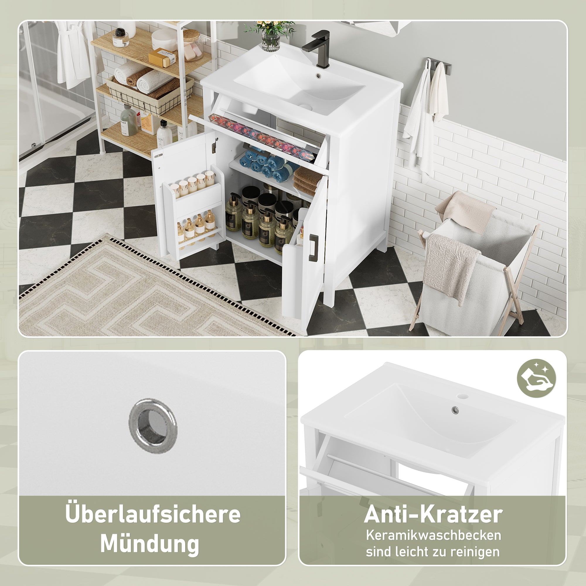 Bathroom Vanity Unit with Ceramic Sink and Adjustable Shelves, White