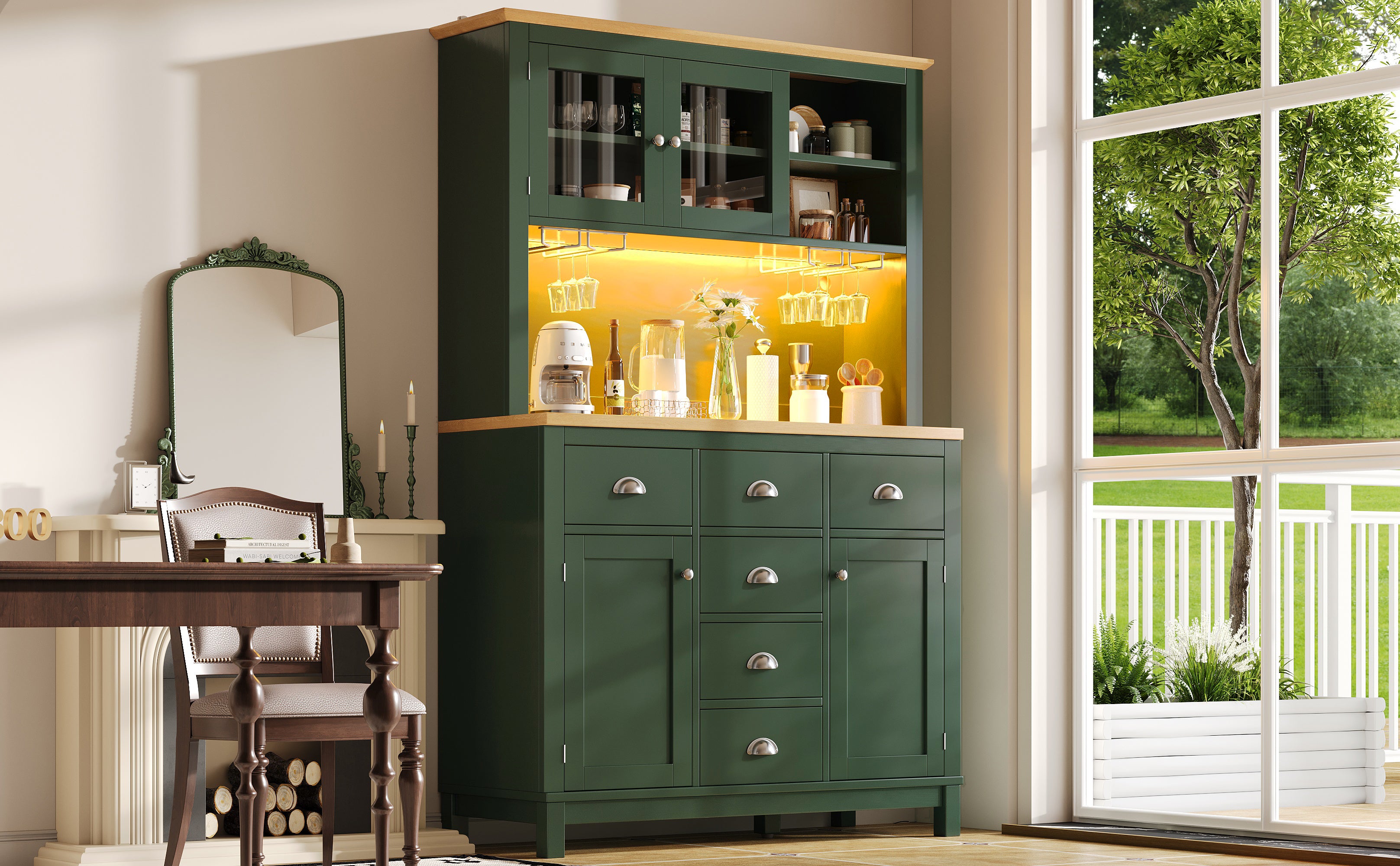 Buffet Sideboard Cabinet with 4 Doors and LED Lights, Green and White