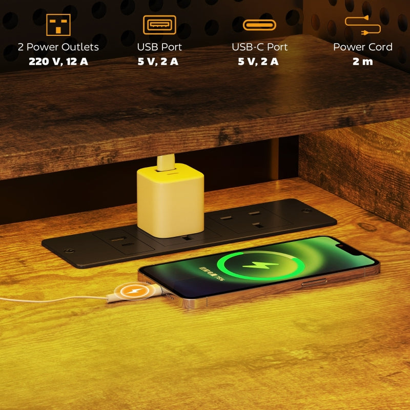 Computer Desk, LED Lights Power Outlets Monitor Stand Storage, Rustic Brown