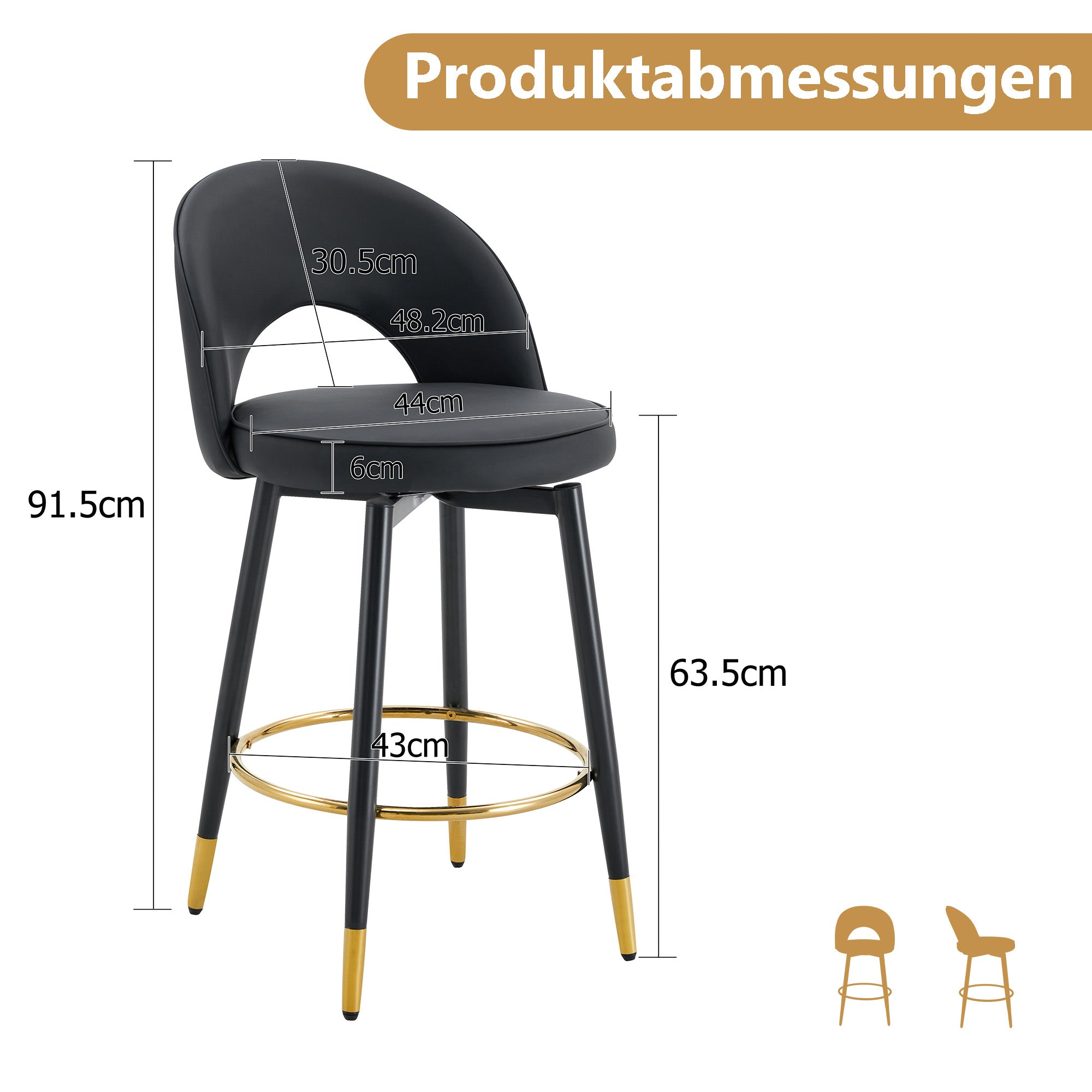 360° Swivel Bar Stool, Padded Seat with Openwork Backrest, Set of 2, Black PU Leather and Metal