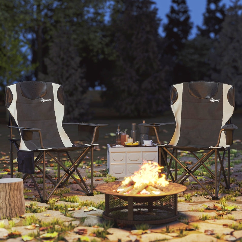 Folding Chairs, Set of 2, Camping with Armrests, Cup Holder, Headrest, Cooler Bag, Padded, Metal/Fabric
