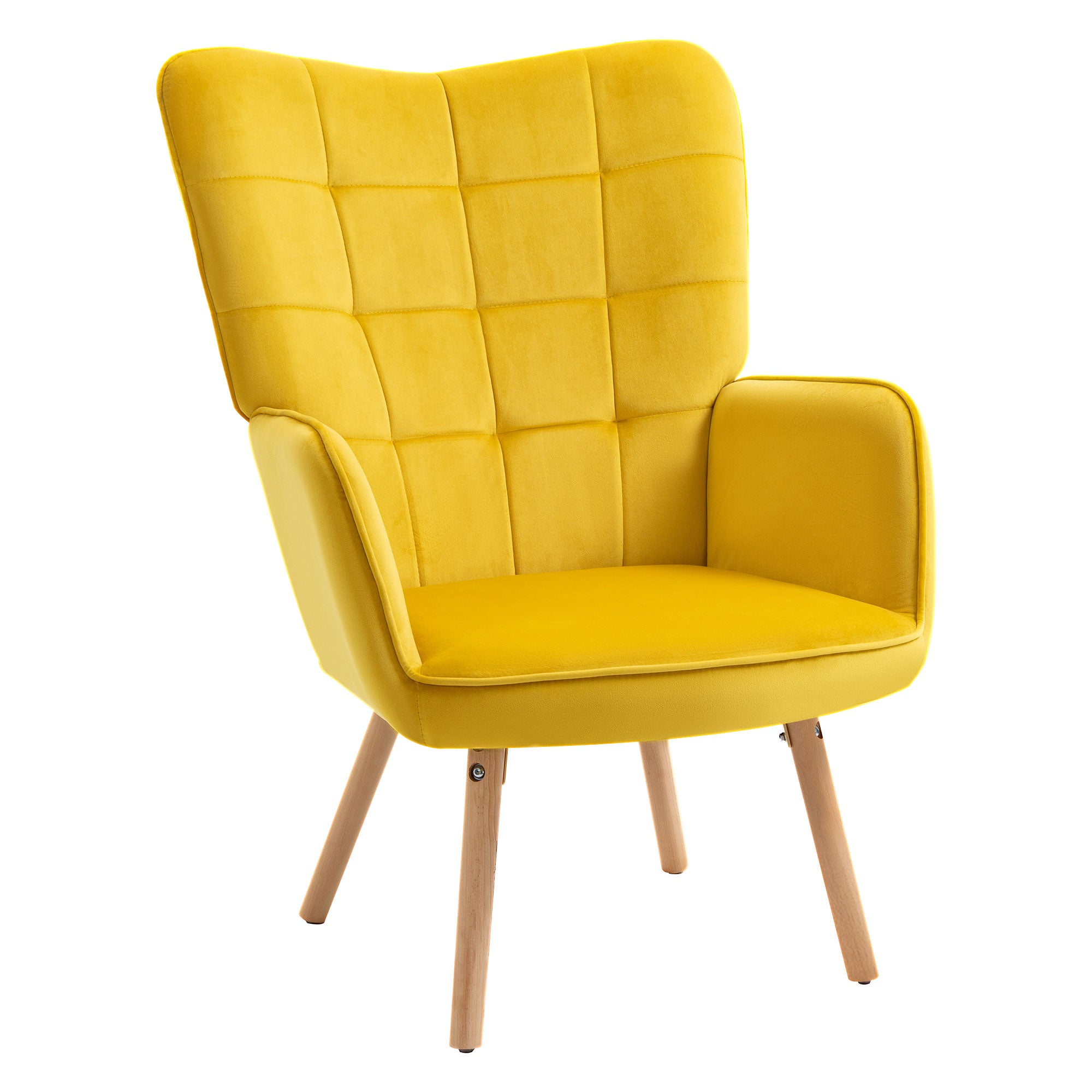Modern Accent Chair, Tufted Wingback Armchair with Wood Legs, Yellow Velvet