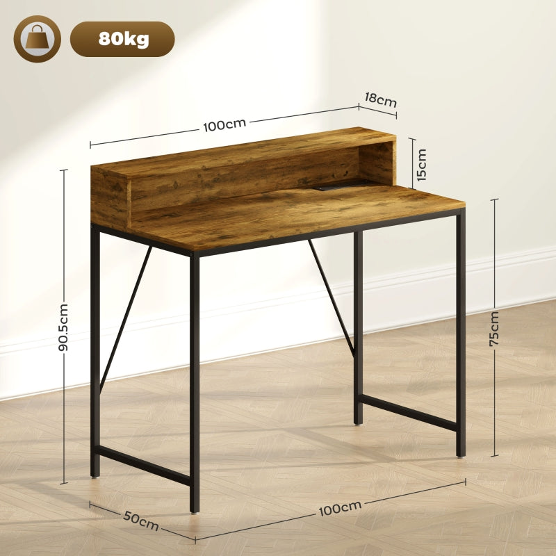 100cm Computer Desk, LED Lights Power Outlets Monitor Stand, Rustic Brown