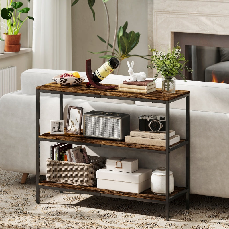 Console Table with 3-tier Shelf, Chipboard and Metal, Light Brown