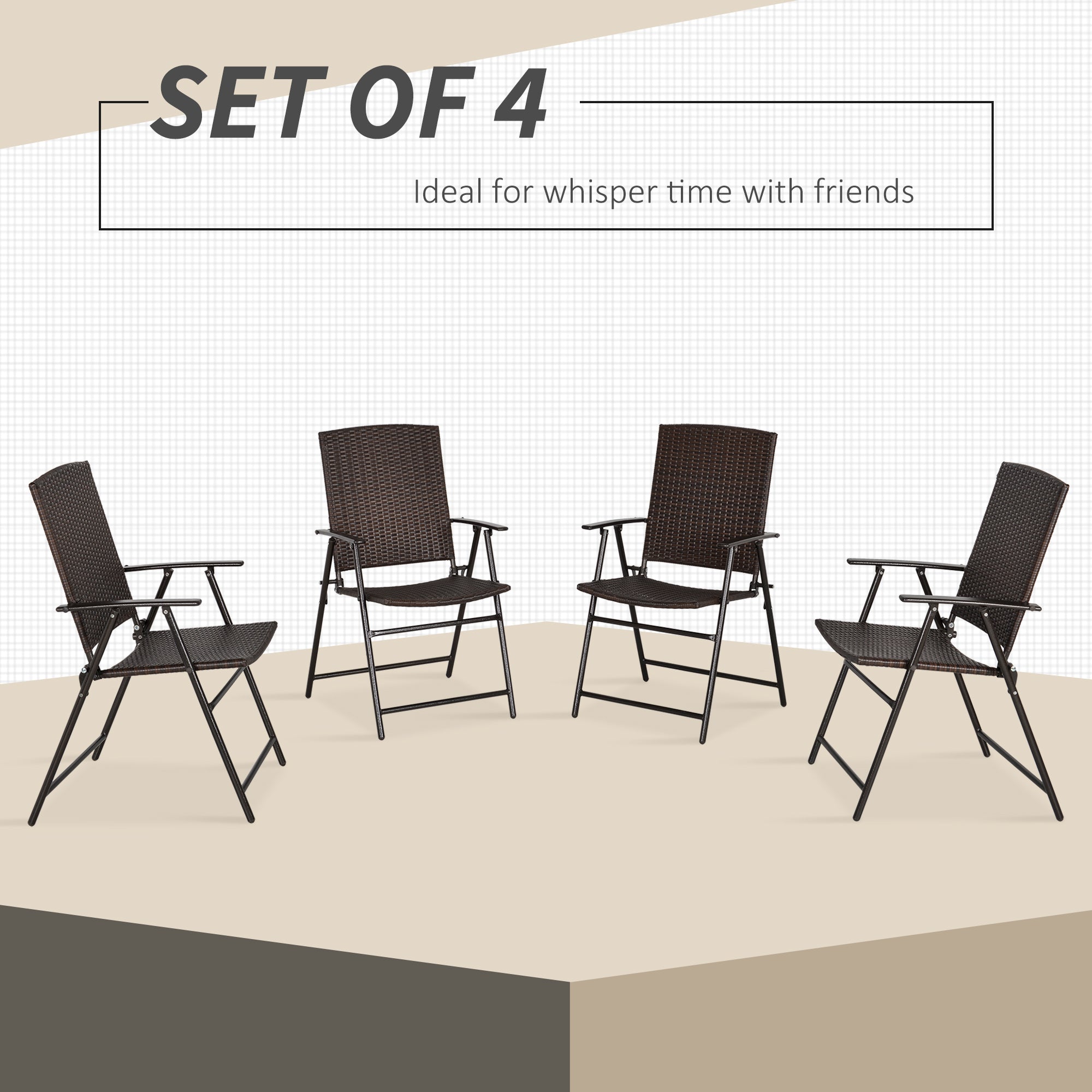 Folding Rattan Seat Chairs, Set of Four - Brown