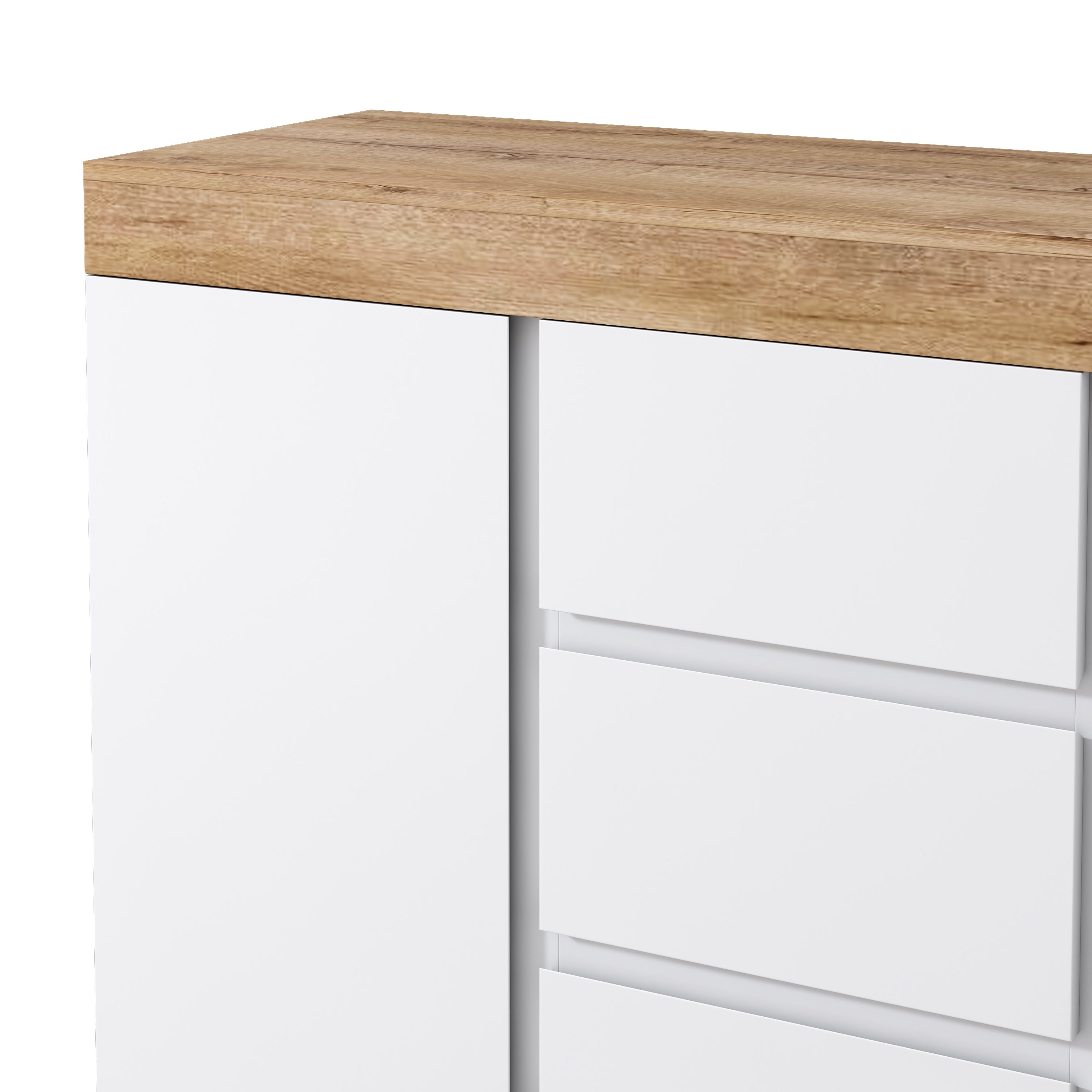 Chest of Drawers 3 Drawers 2 Doors Lockable Storage - White/Oak Chipboard