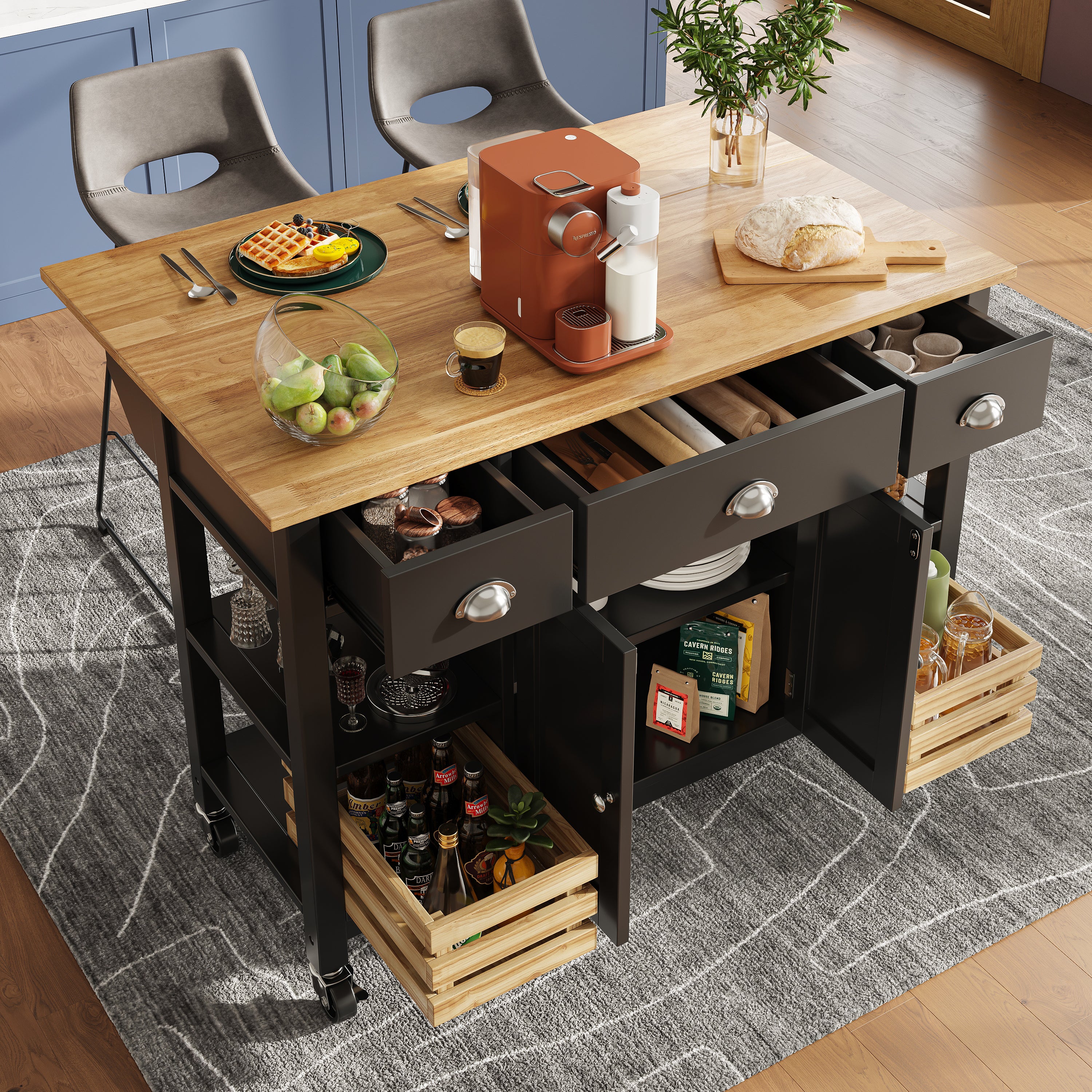 Kitchen Island, Multifunctional with Pine Basket, Black