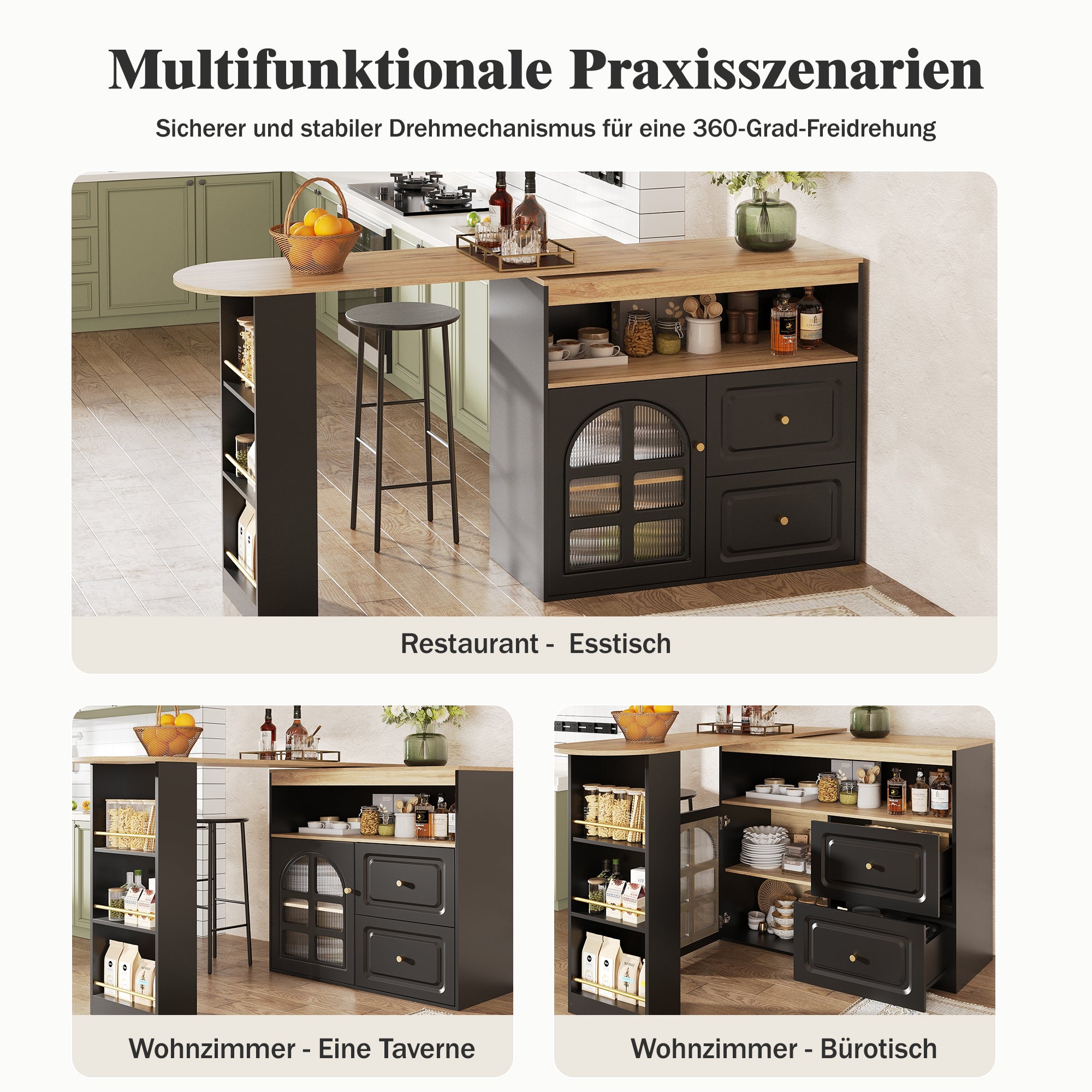 360° Rotating Dining Bar Storage with 2 Drawers Curved Glass - Black