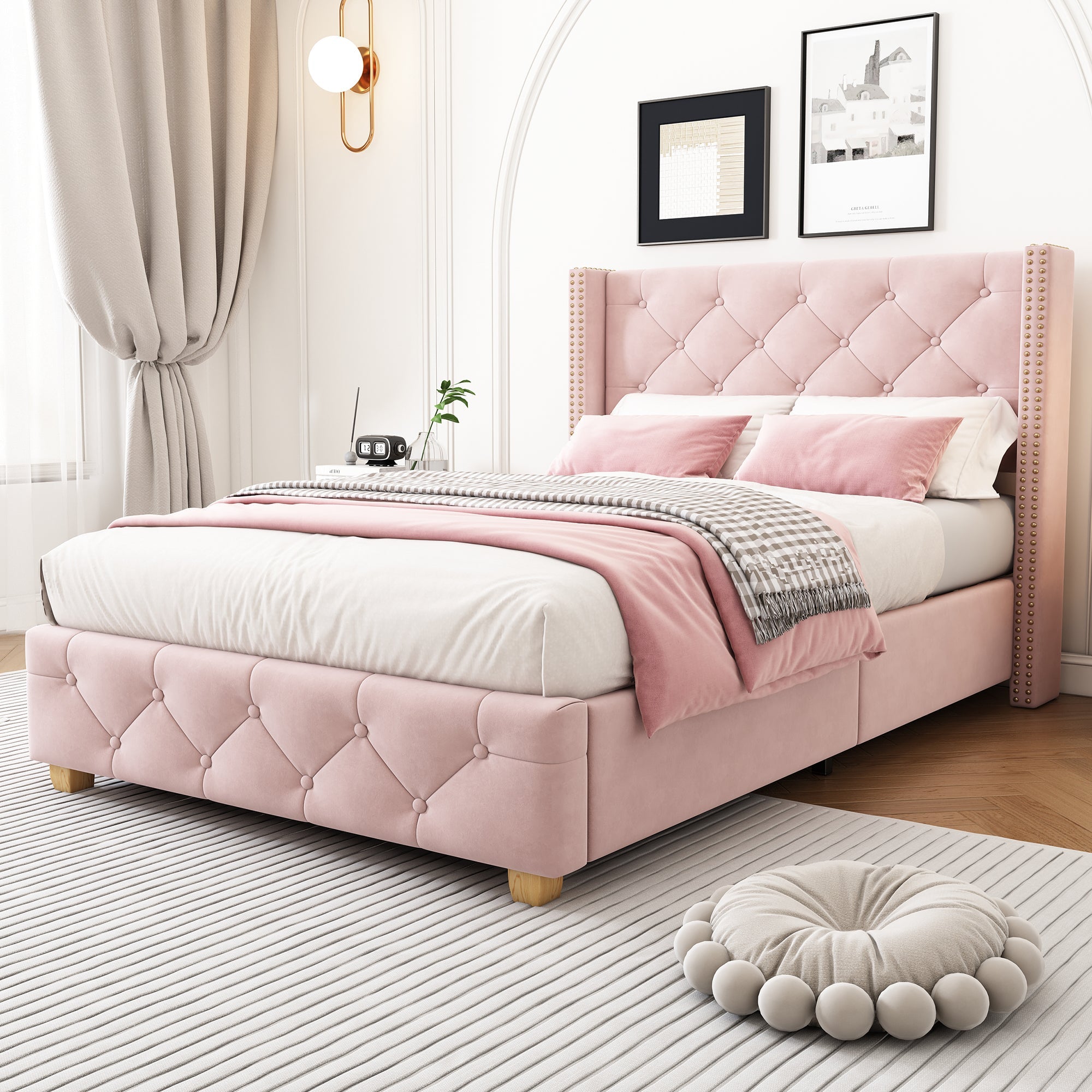Upholstered Bed, Single Bed-3ft(90*190cm) with Slatted Frame and Headboard, Button Upholstery, Rivet Upholstery, Wooden Legs, Velvet, Pink