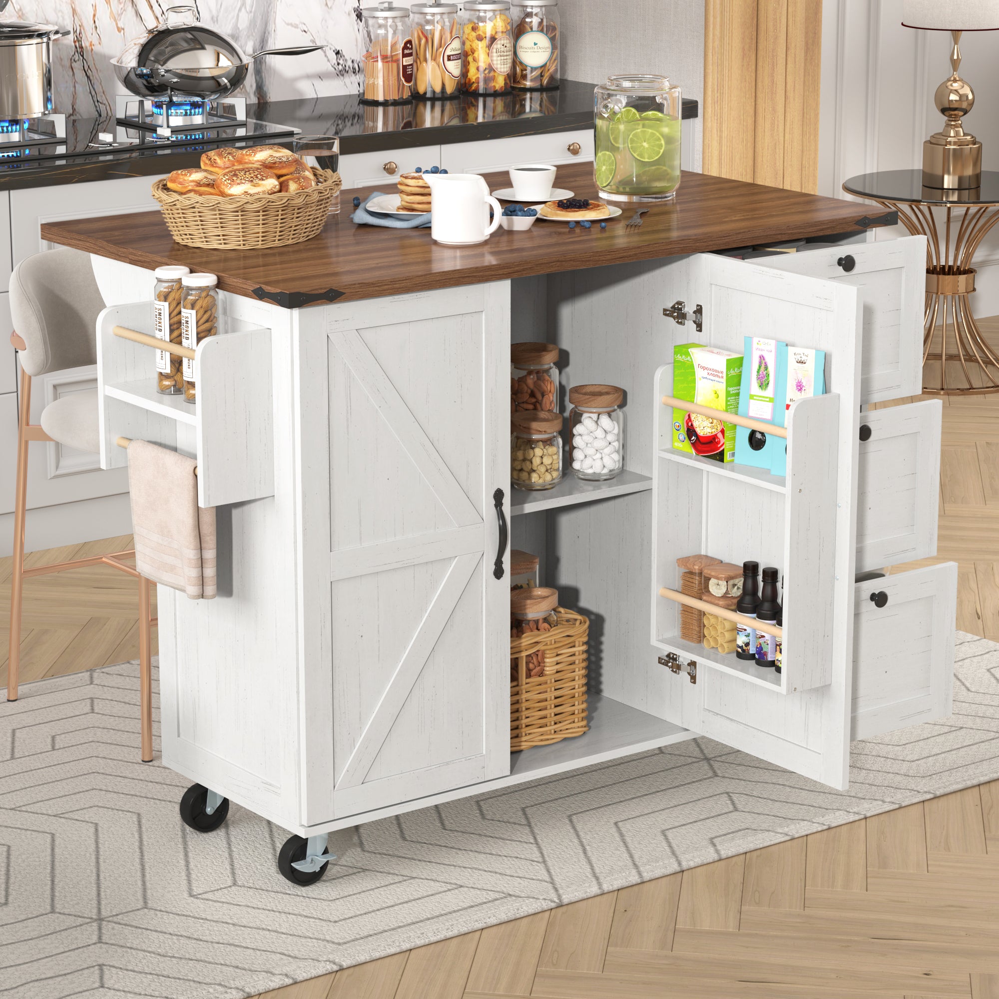 Kitchen Island Serving Trolley Extendable Worktop Storage Cabinet 2 Doors 3 Drawers, Wood Grain Finish
