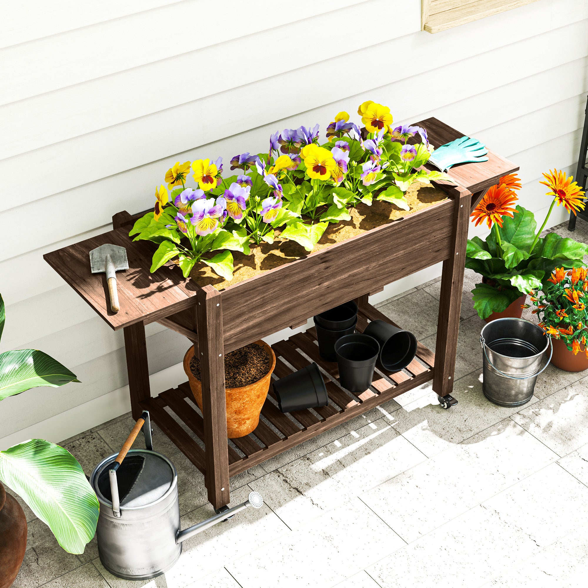 Raised Planter 46 x 94cm with Shelves - Carbonised Wood