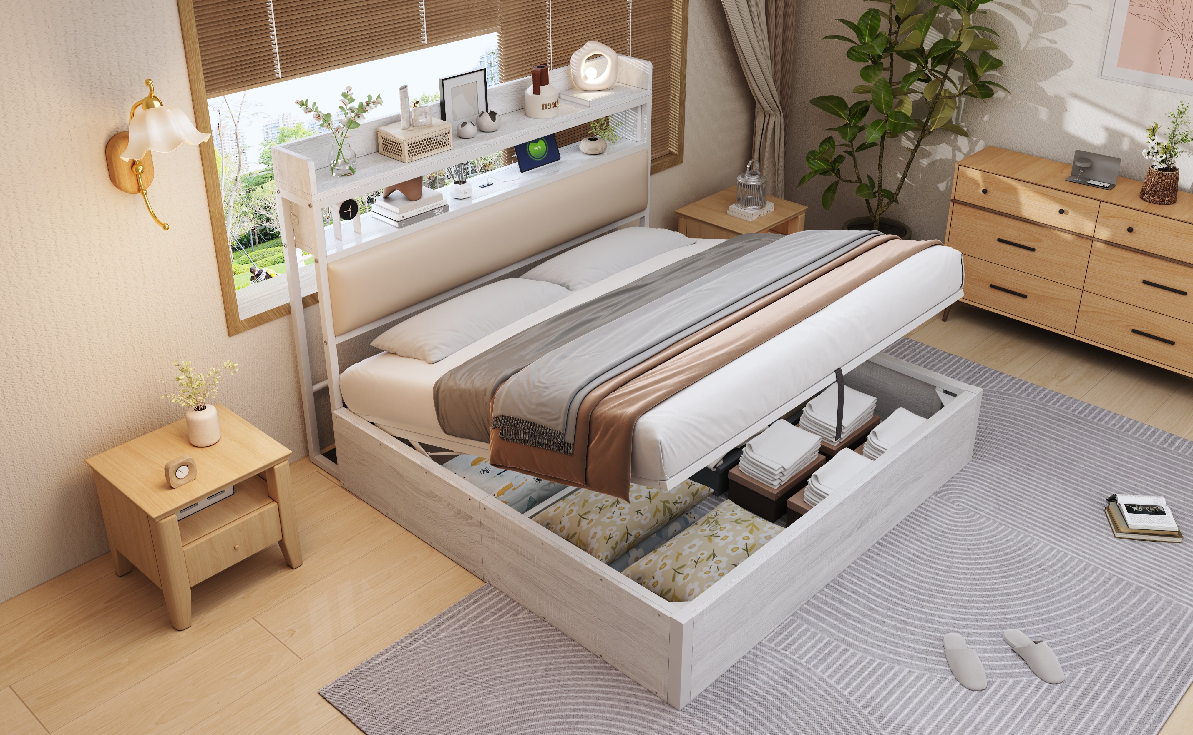 Bed Frame 180x200, Hydraulic Lift, USB, Upholstered Headboard, Hidden Storage, Wood & Metal, White