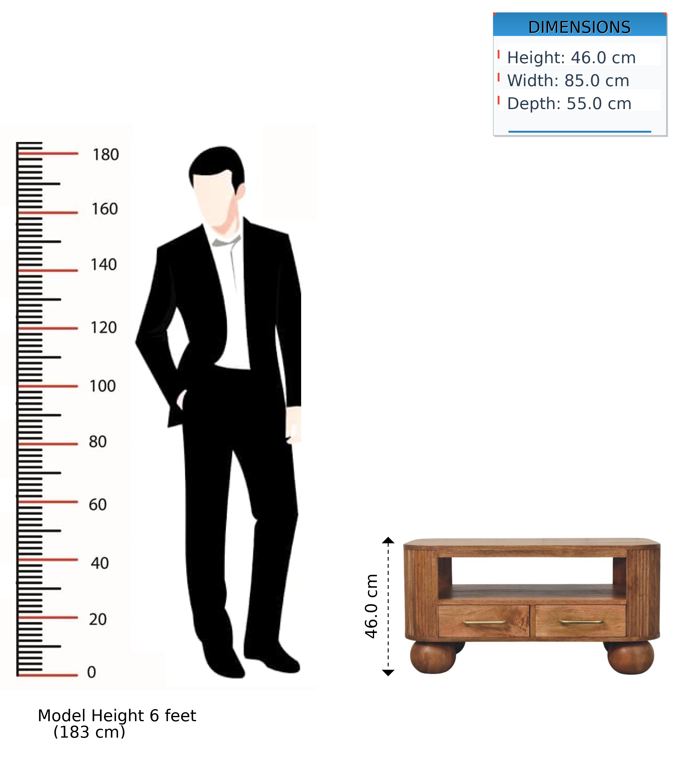 Briarwood Fluted Coffee Table with 2 Drawers, 1 Shelf, Solid Wood Brown