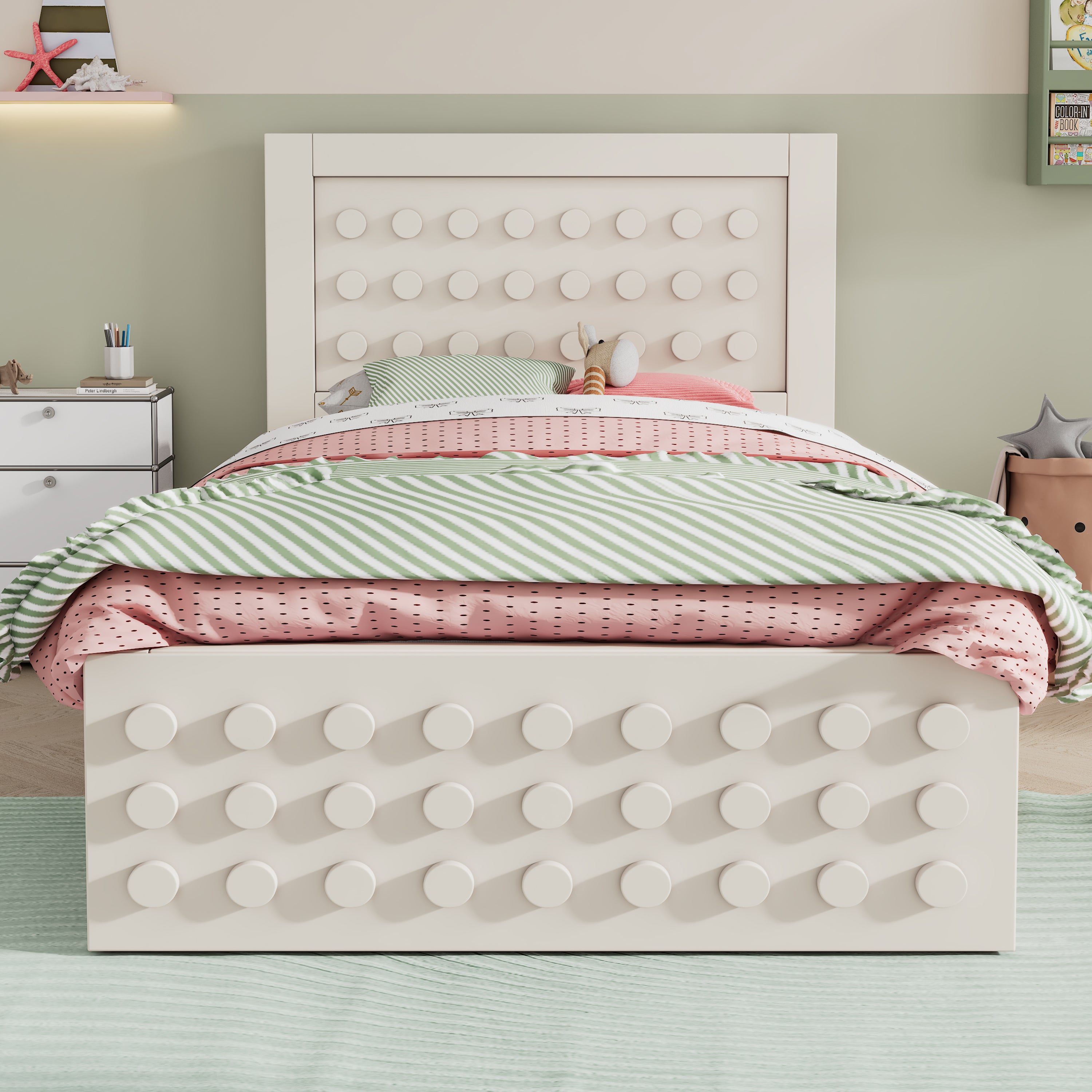 Wooden single bed 90x190cm children's bed with creative block design, solid wood frame with slatted frame, with drawers and underbed storage, white