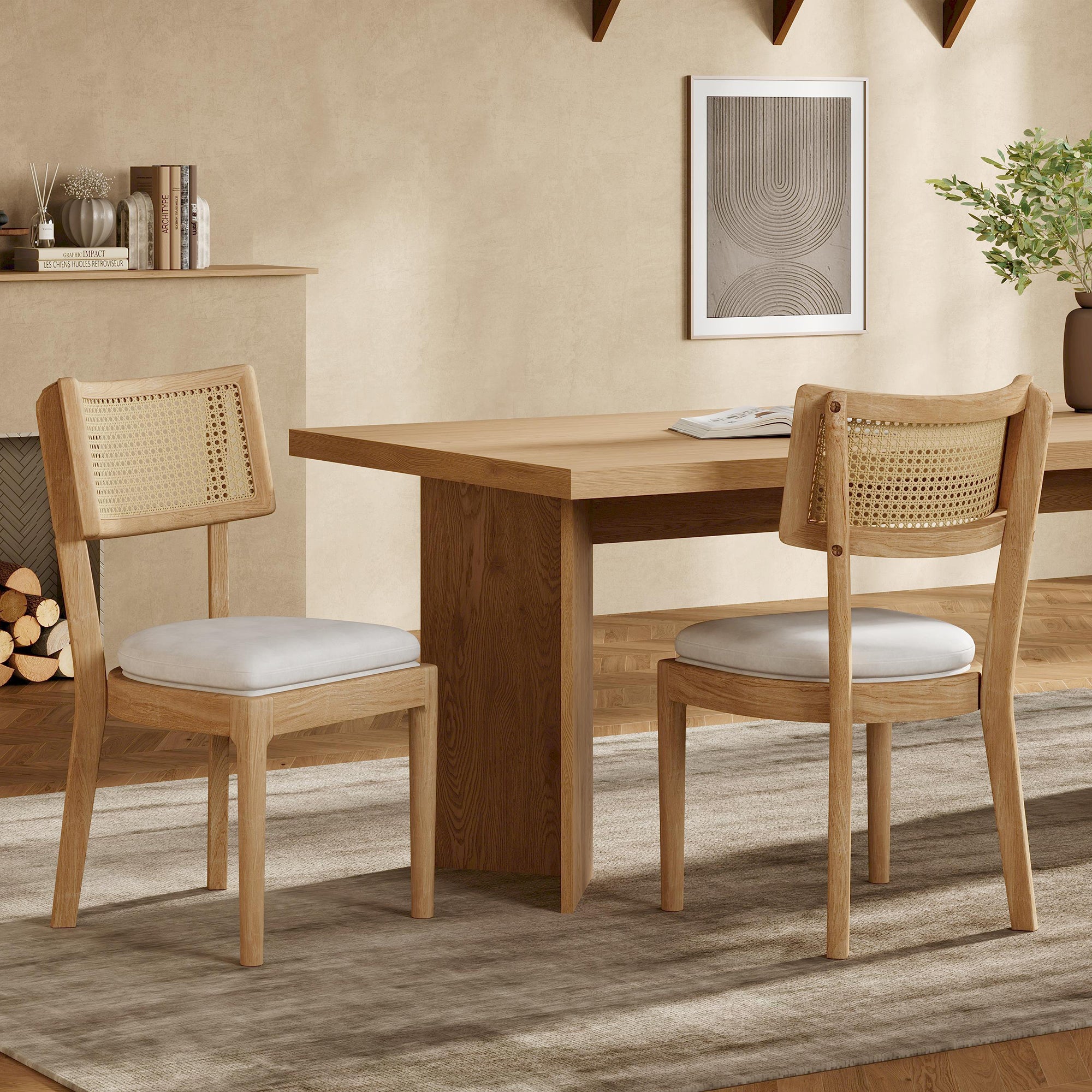 4 Solid Wood Dining Chairs, Rattan Backrests, Modern Style, Linen/Wood Color